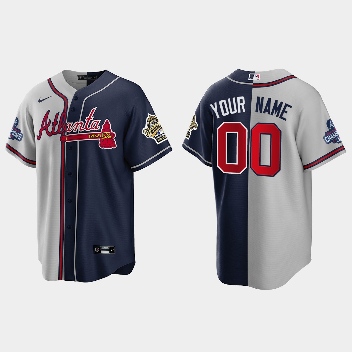 Custom Atlanta Braves 2021 World Series Champions 1995 Throwback Split Jersey - Gray Navy