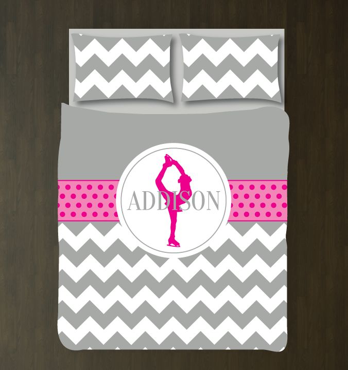 Custom Chevron And Polka Dot Figurekating For Girls Andhams For Teens Figurekater Ice Dancer Dancing White, Grey, Hot Pink 3D Customized Duvet Cover Bedding Set