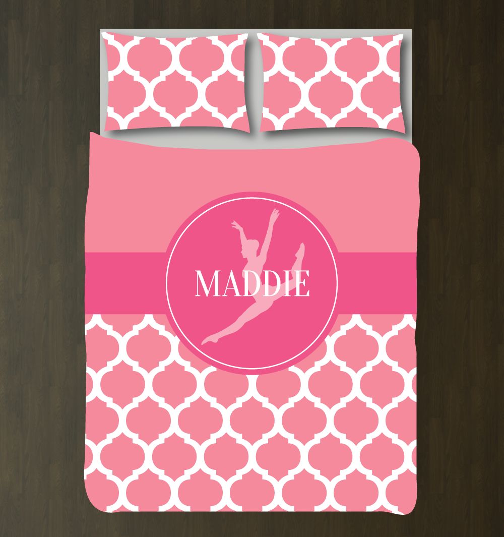 Custom Dance For Girls Andhams For Teens Ilhouette Of Dancer Leaping Quatrefoil Pattern White, Bubble Gum Pink 3D Customized Duvet Cover Bedding Set
