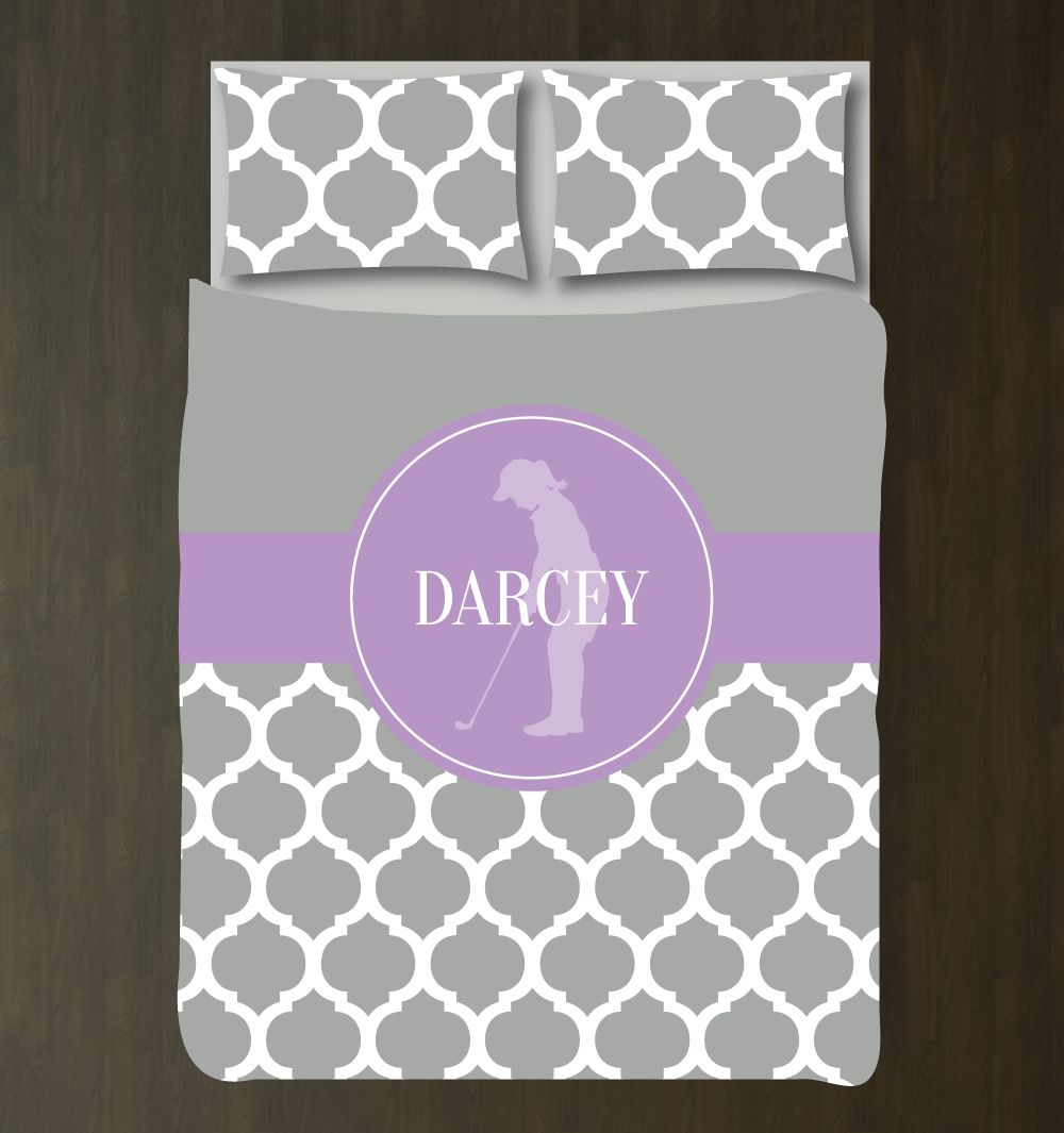 Custom Golf For Girls Andhams For Teens Ilhouette Of Golfer Quatrefoil Pattern White, Grey, Lavender 3D Customized Duvet Cover Bedding Set