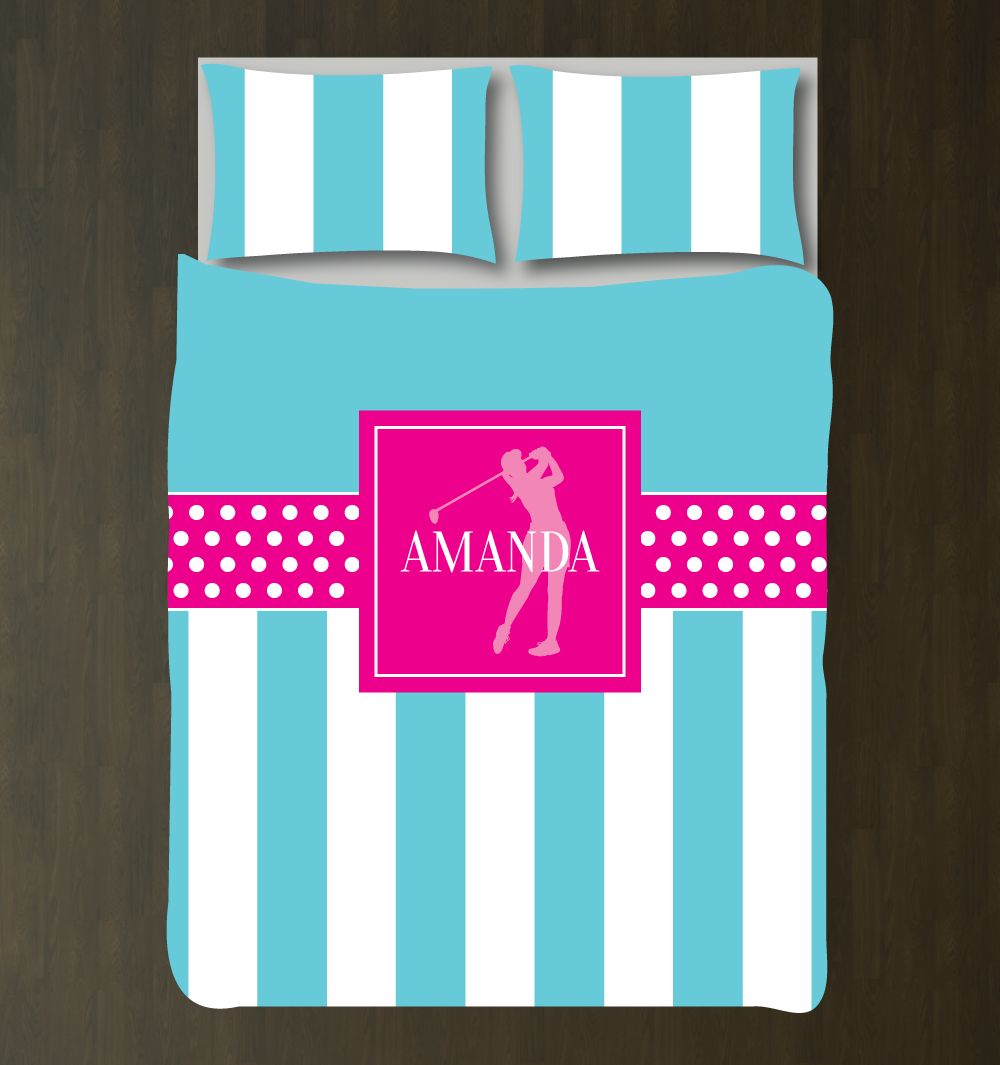 Custom Golf For Girls Andhams For Teens Ilhouette Of Golfer Verticaltripes And Polka Dots White, Hot Pink, Aqua 3D Customized Duvet Cover Bedding Set