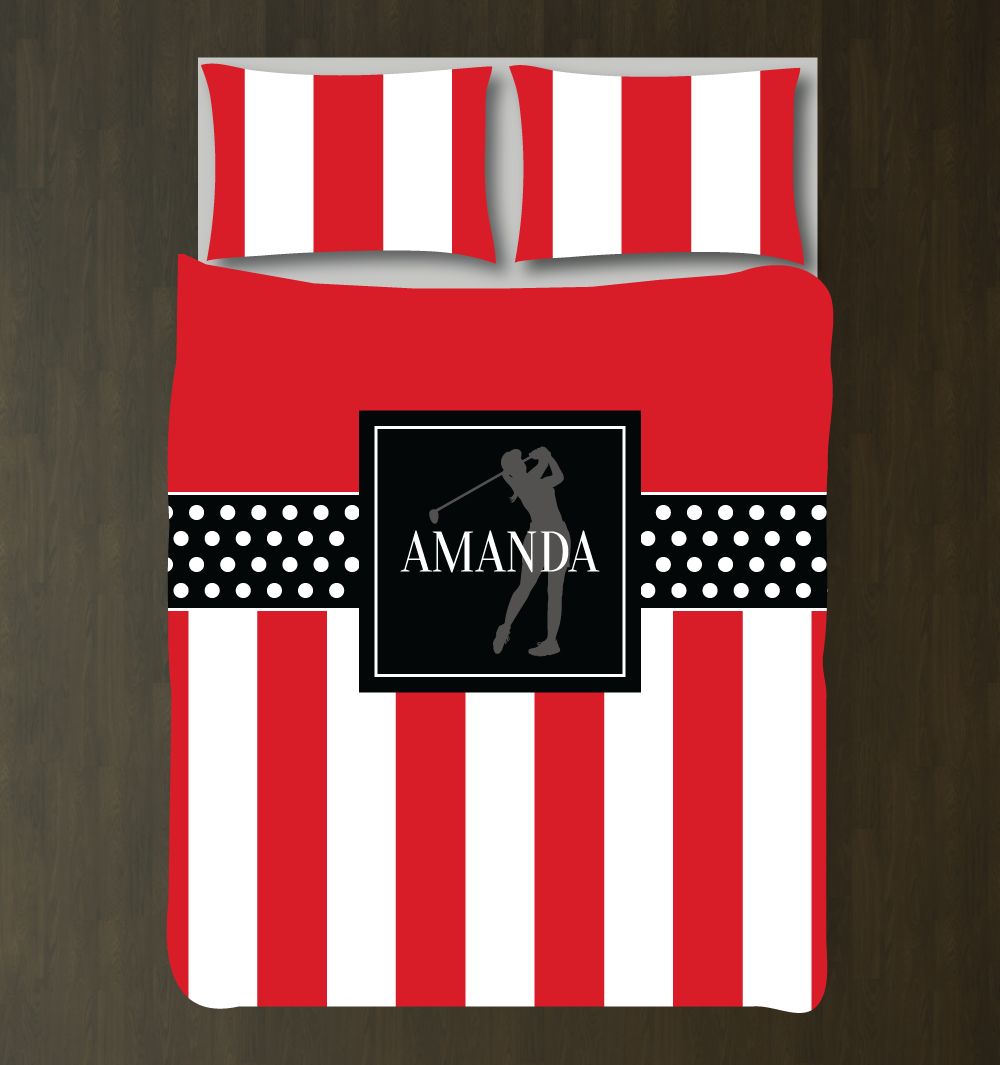 Custom Golf For Girls Andhams For Teens Ilhouette Of Golfer Verticaltripes And Polka Dots White, Red, Black 3D Customized Duvet Cover Bedding Set