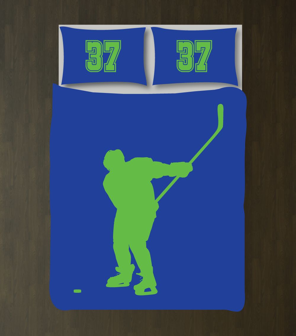 Custom Ice Hockey For Boys Andhams Highchool Hockey Team Ports Gift Royal Blue And Light Green3D Customized Duvet Cover Bedding Set