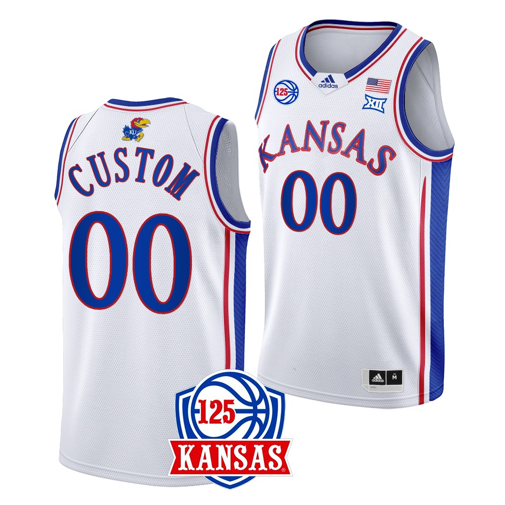 Custom Kansas Jayhawks #00 White 125th Year Jersey 2022-23 Home