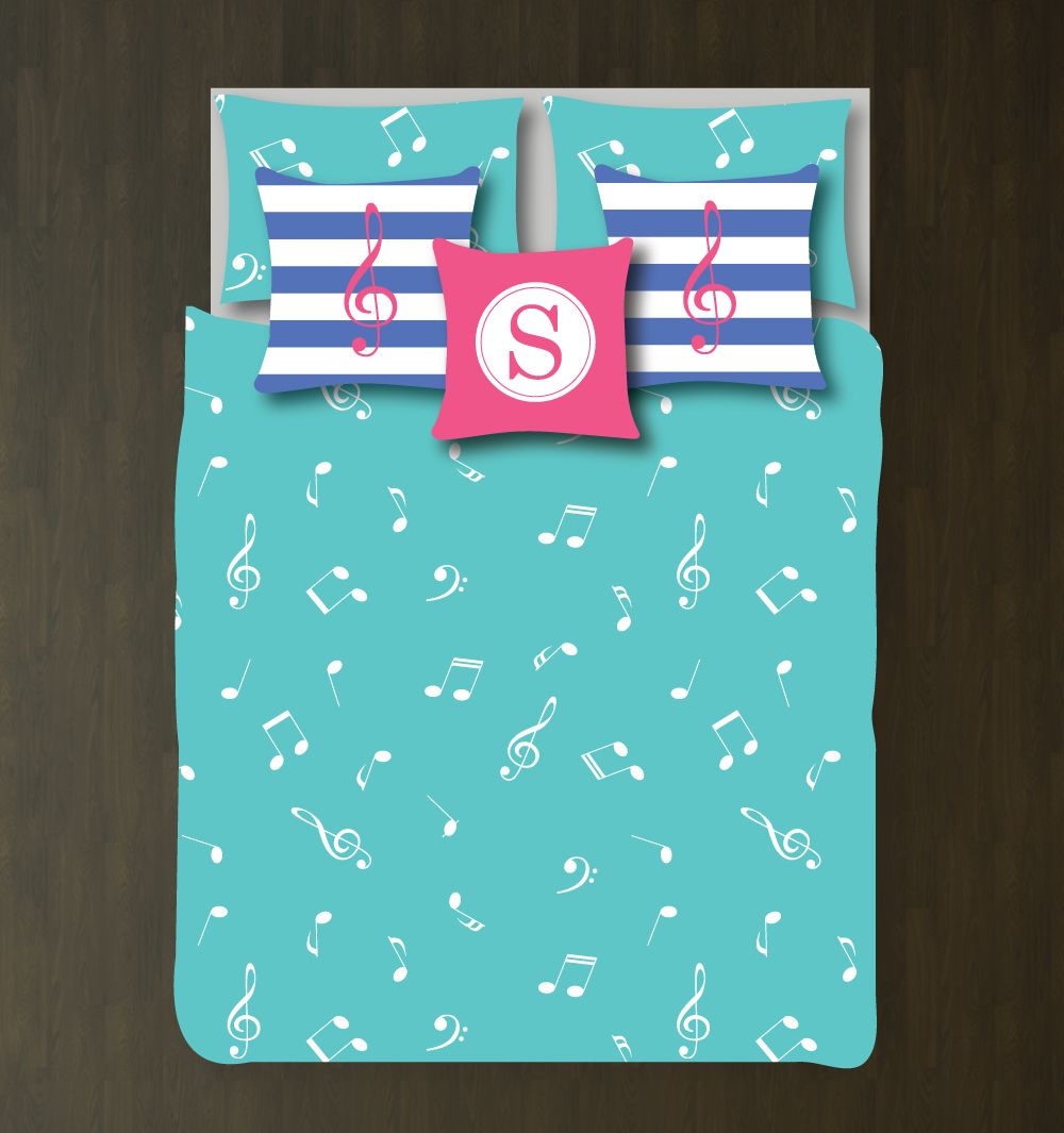 Custom Music Note Customized Pool, Periwinkle, Bubble Gum Pink And White Duvet Cover Bedding Set