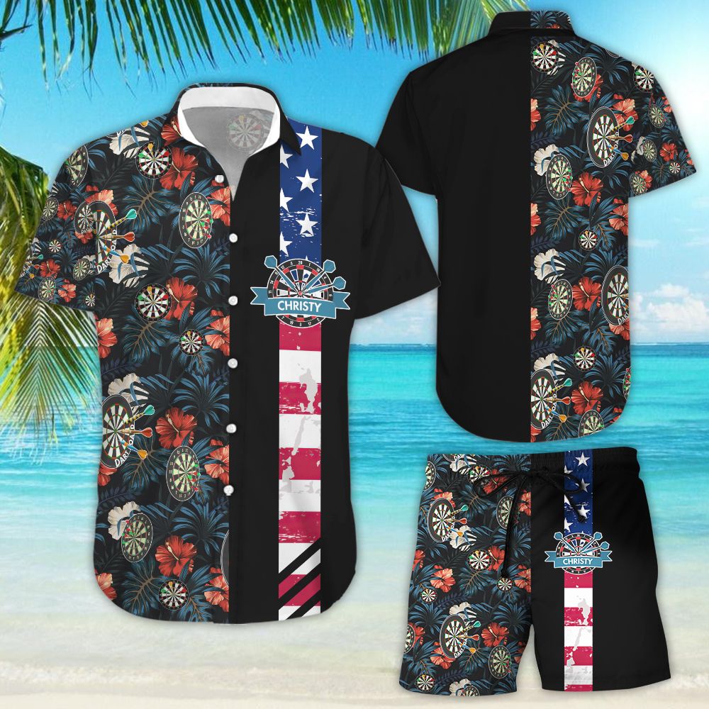 Custom Name Darts American Flag Tropical Hawaiian Shirts For Women For Sports Lovers