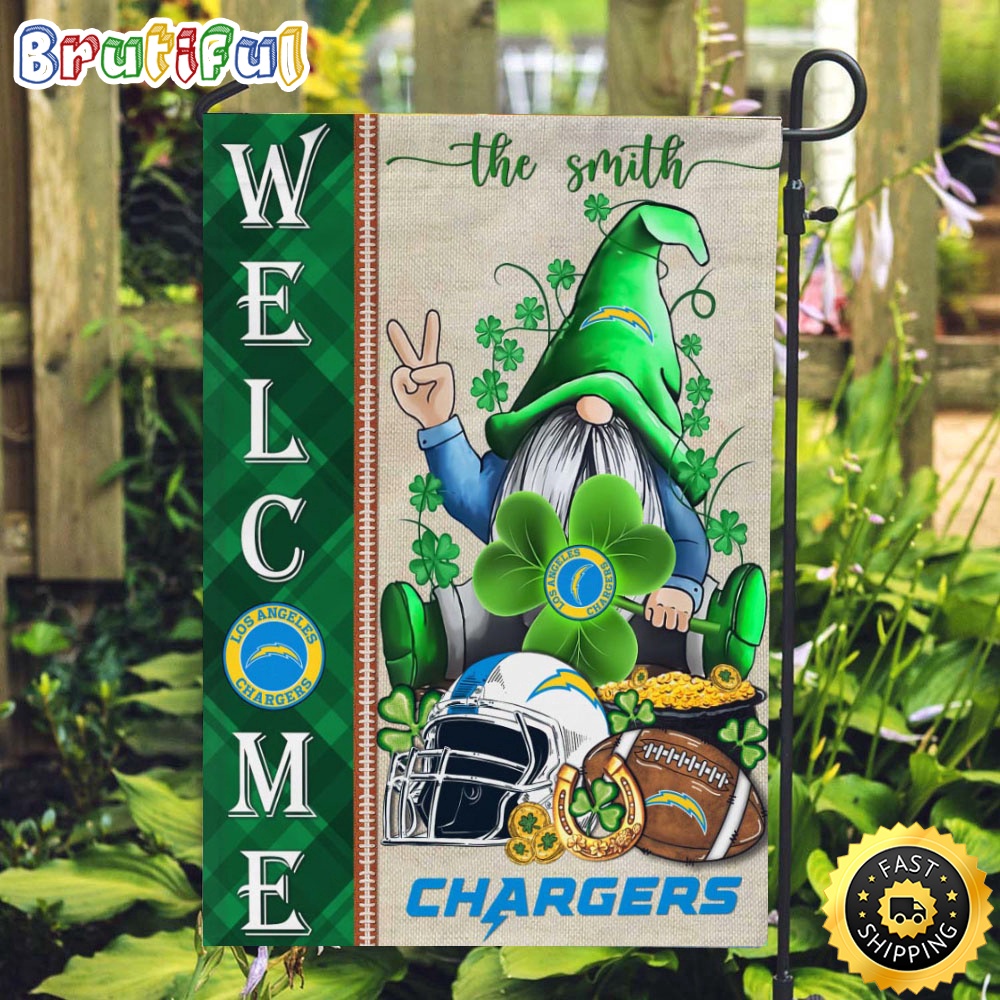 Custom NFL Los Angeles Chargers Garden Flag St Patricks Day Gnome Shamrock Welcome Garden Flag