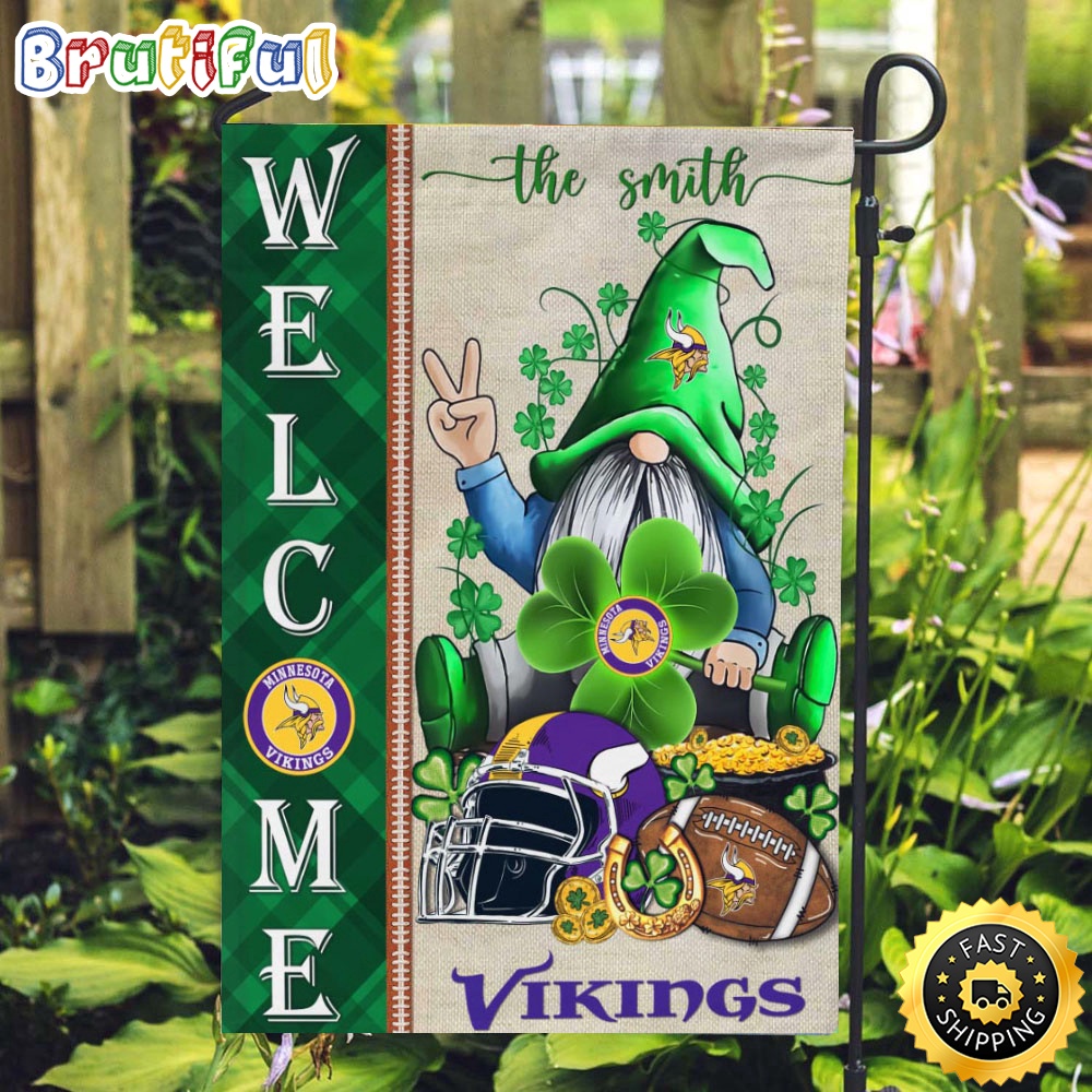 Custom NFL Minnesota Vikings Garden Flag St Patricks Day Gnome Shamrock Welcome Garden Flag