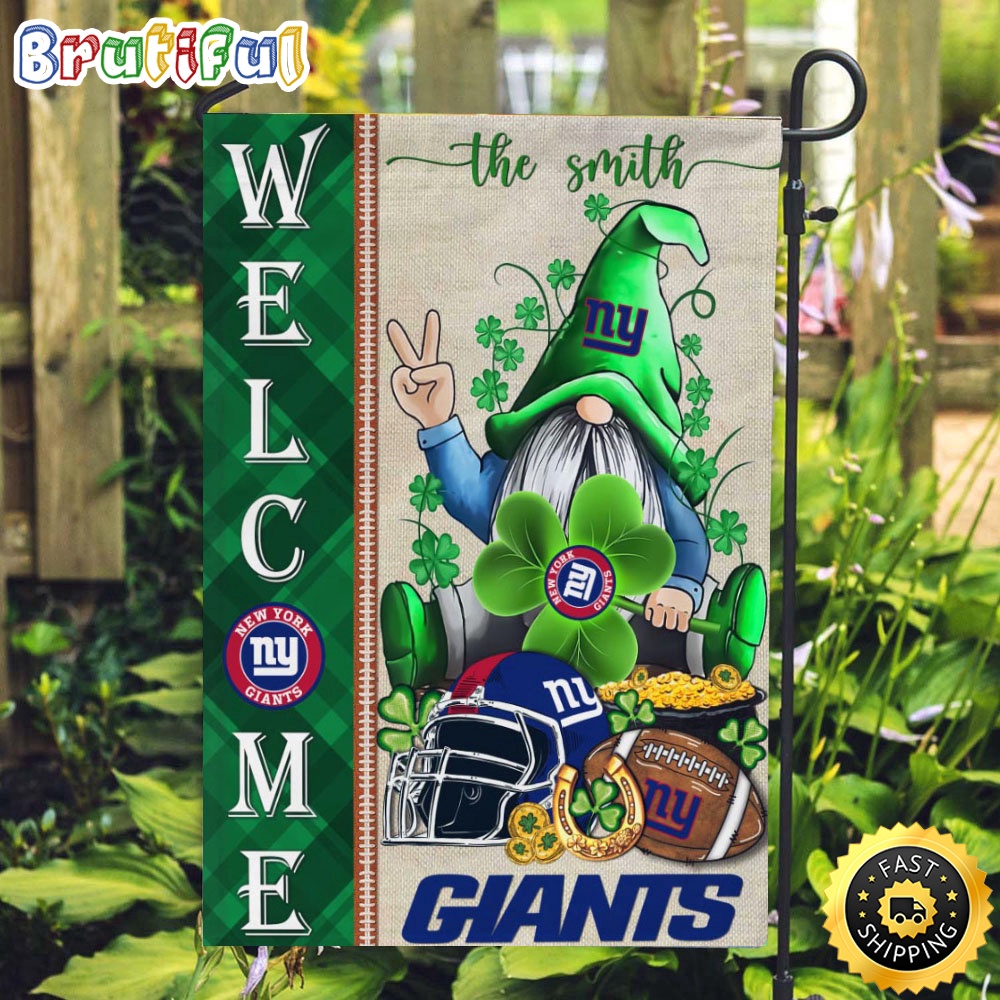 Custom NFL New York Giants Garden Flag St Patricks Day Gnome Shamrock Welcome Garden Flag