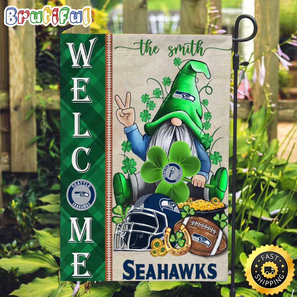 Custom NFL Seattle seahawks Garden Flag St Patricks Day Gnome Shamrock Welcome Garden Flag