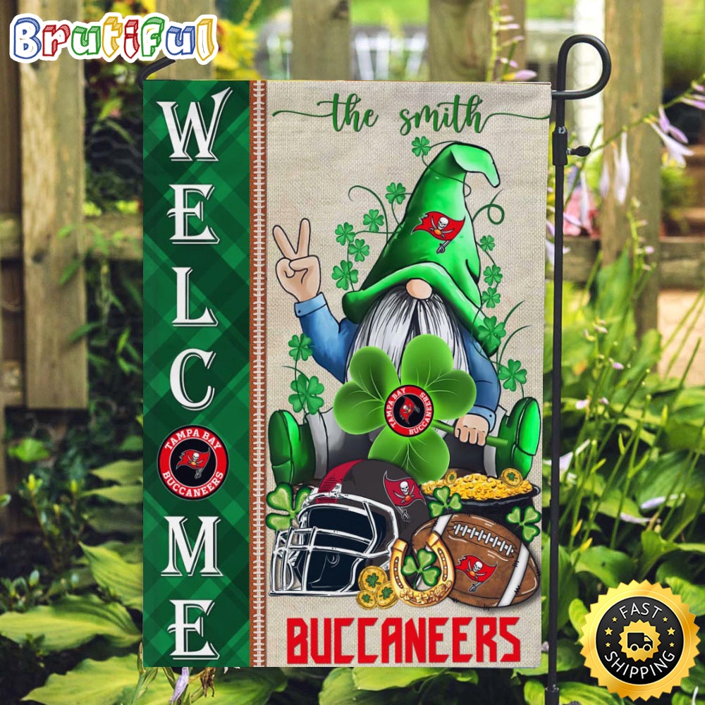 Custom NFL Tampa Bay Buccaneers Garden Flag St Patricks Day Gnome Shamrock Welcome Garden Flag