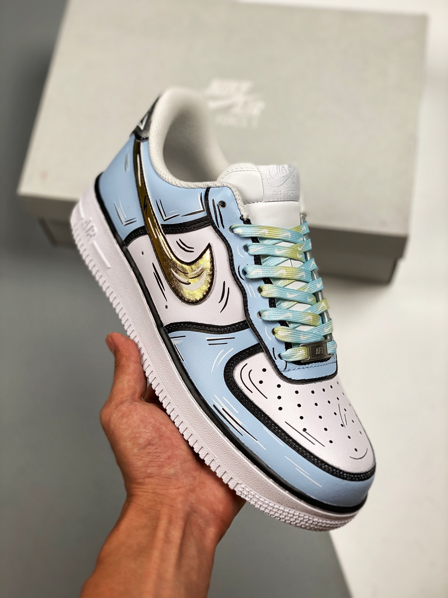 Custom Nike Air Force 1 Low Blue White Gold Black For Sale