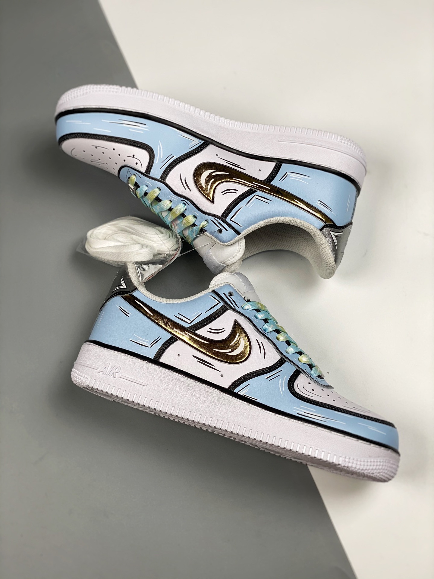 Custom Nike Air Force 1 Low Blue White Gold Black For Sale