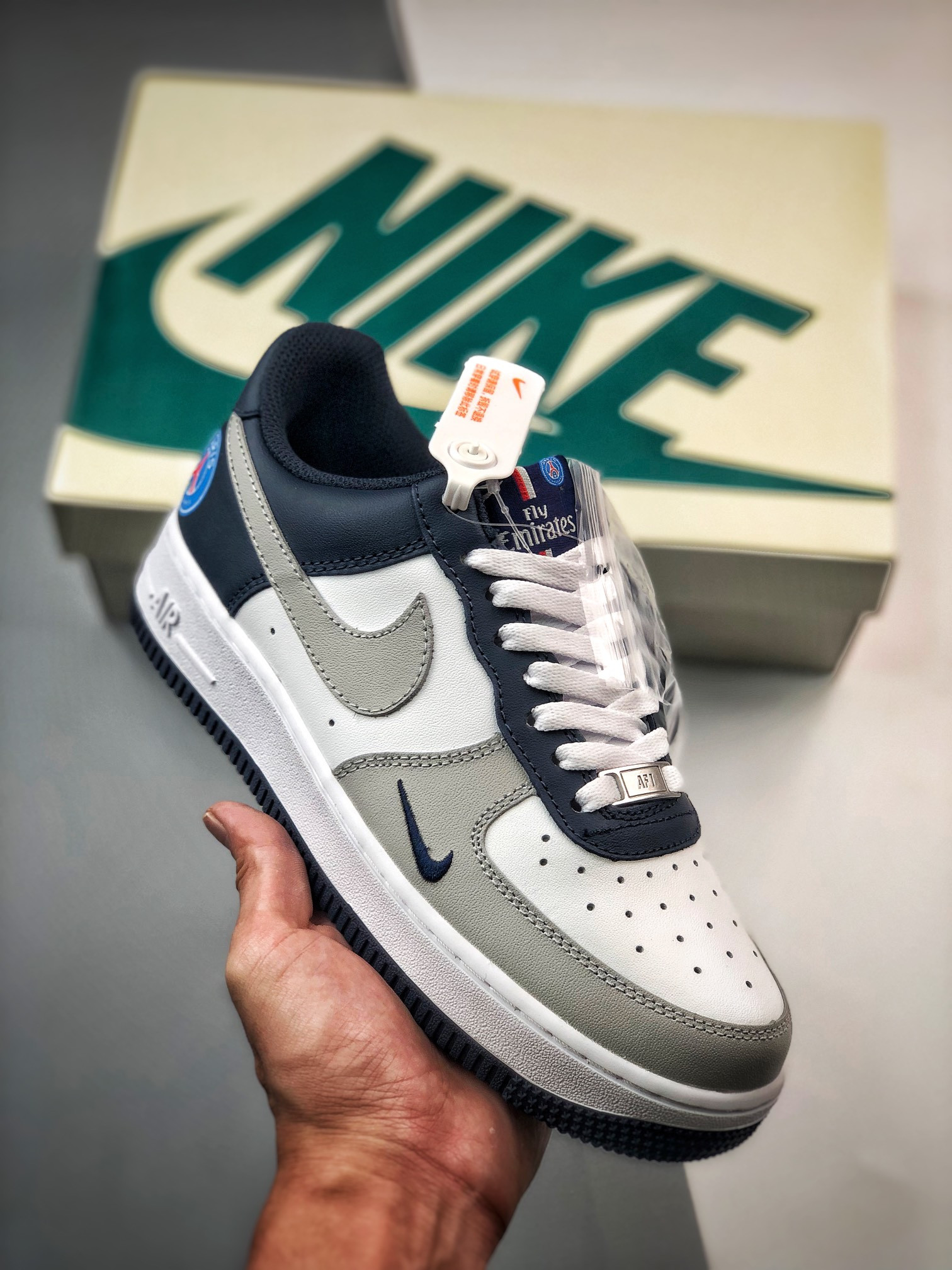 Custom Nike Air Force 1 Low ‘Paris’ White Grey Navy For Sale