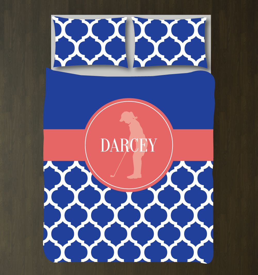 Custom Quatrefoil Golf Customized Royal Blue, Cayenne And White Duvet Cover Bedding Set