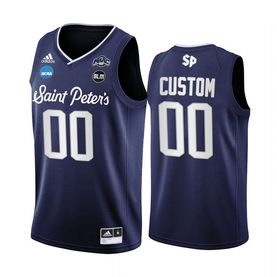 Custom Saint Peter's Peacocks Navy Jersey 2022 NCAA March Madness BLM