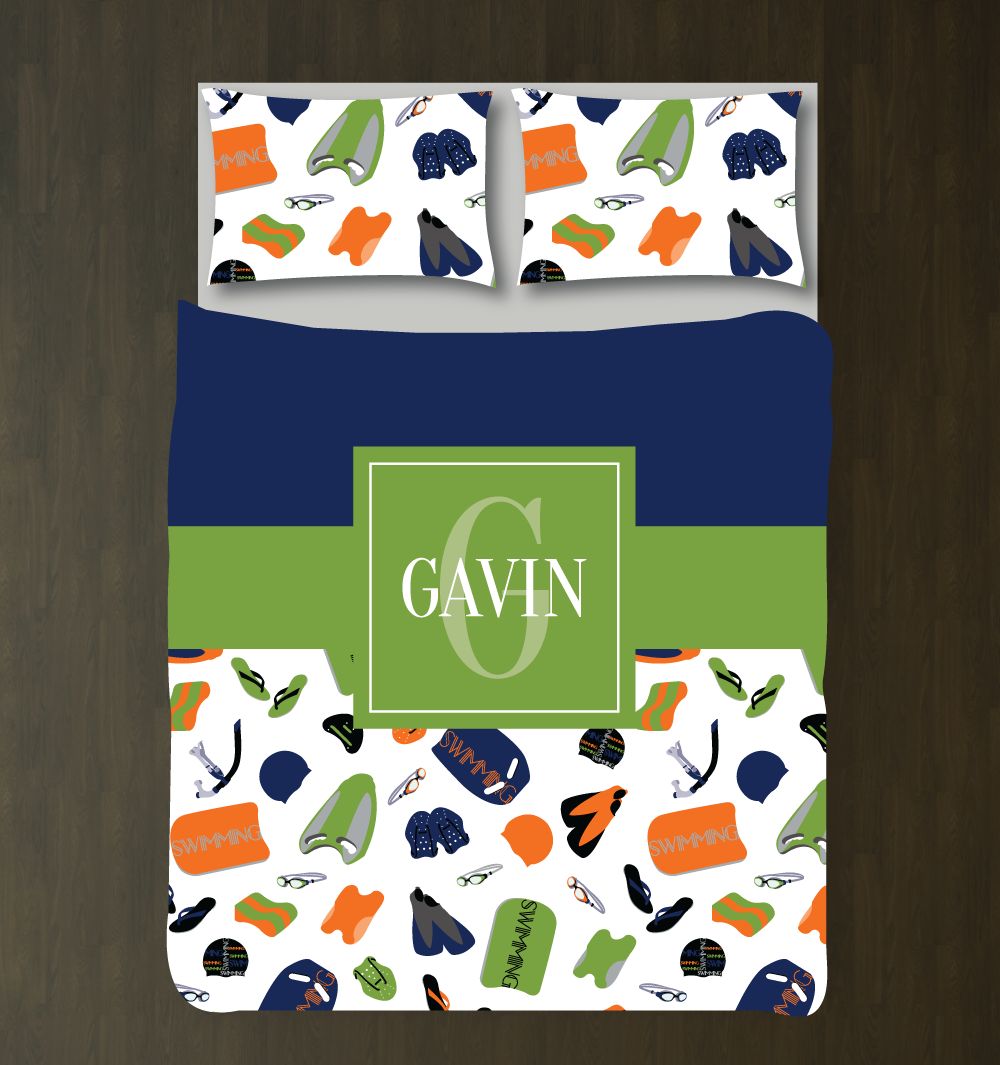 Custom Swimming Themed For Boys Customized Carrot Orange, Pine, Navy, White Duvet Cover Bedding Set
