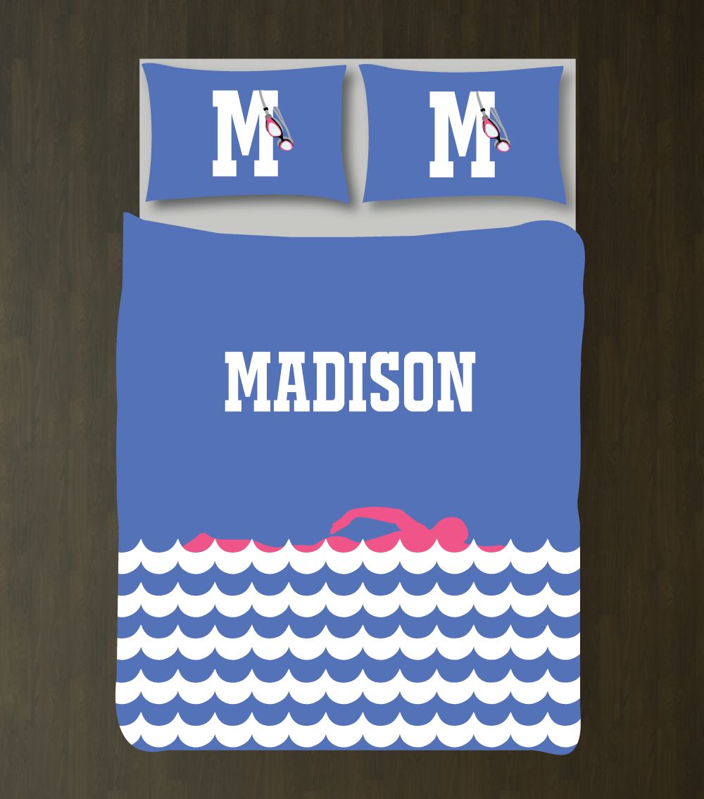 Custom Swimming Themed For Girls And Boys Customized Periwinkle Blue, Bubble Gum Pink, White Duvet Cover Bedding Set