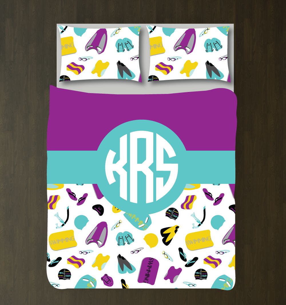 Custom Swimming Themed For Girls Customized Purple, Pook Yellow, White Duvet Cover Bedding Set