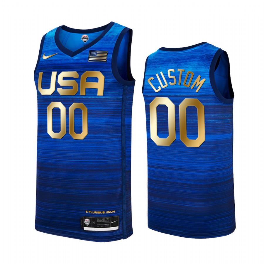 Custom USA #00 Blue 2021 Tokyo Olymipcs Gold Winner 4 Consecutive Jersey