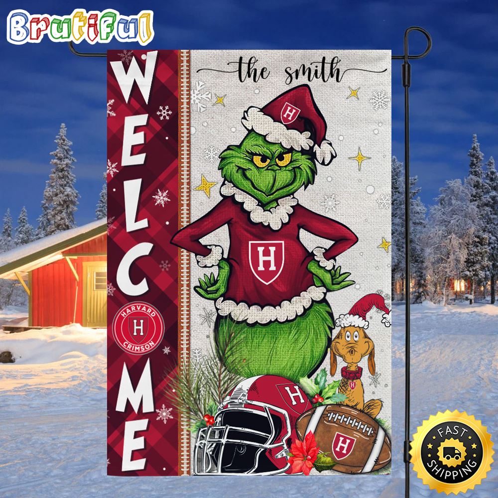 Customize NCAA Harvard Crimson Garden Flag Grinch Football Christmas Welcome Garden Flag
