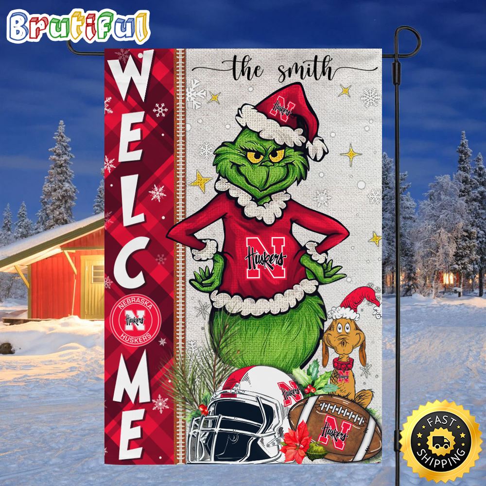 Customize NCAA Nebraska Cornhuskers Garden Flag Grinch Football Christmas Welcome Garden Flag