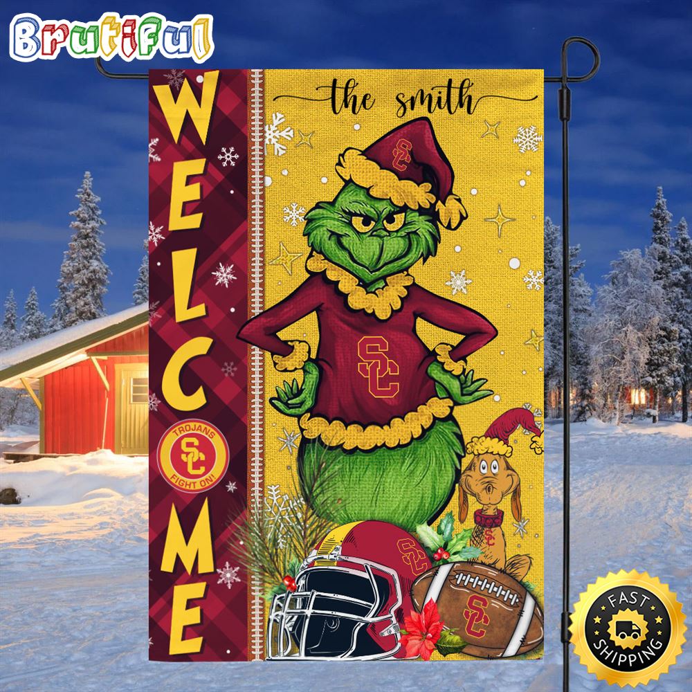 Customize NCAA USC Trojans Garden Flag Grinch Football Christmas Welcome Garden Flag