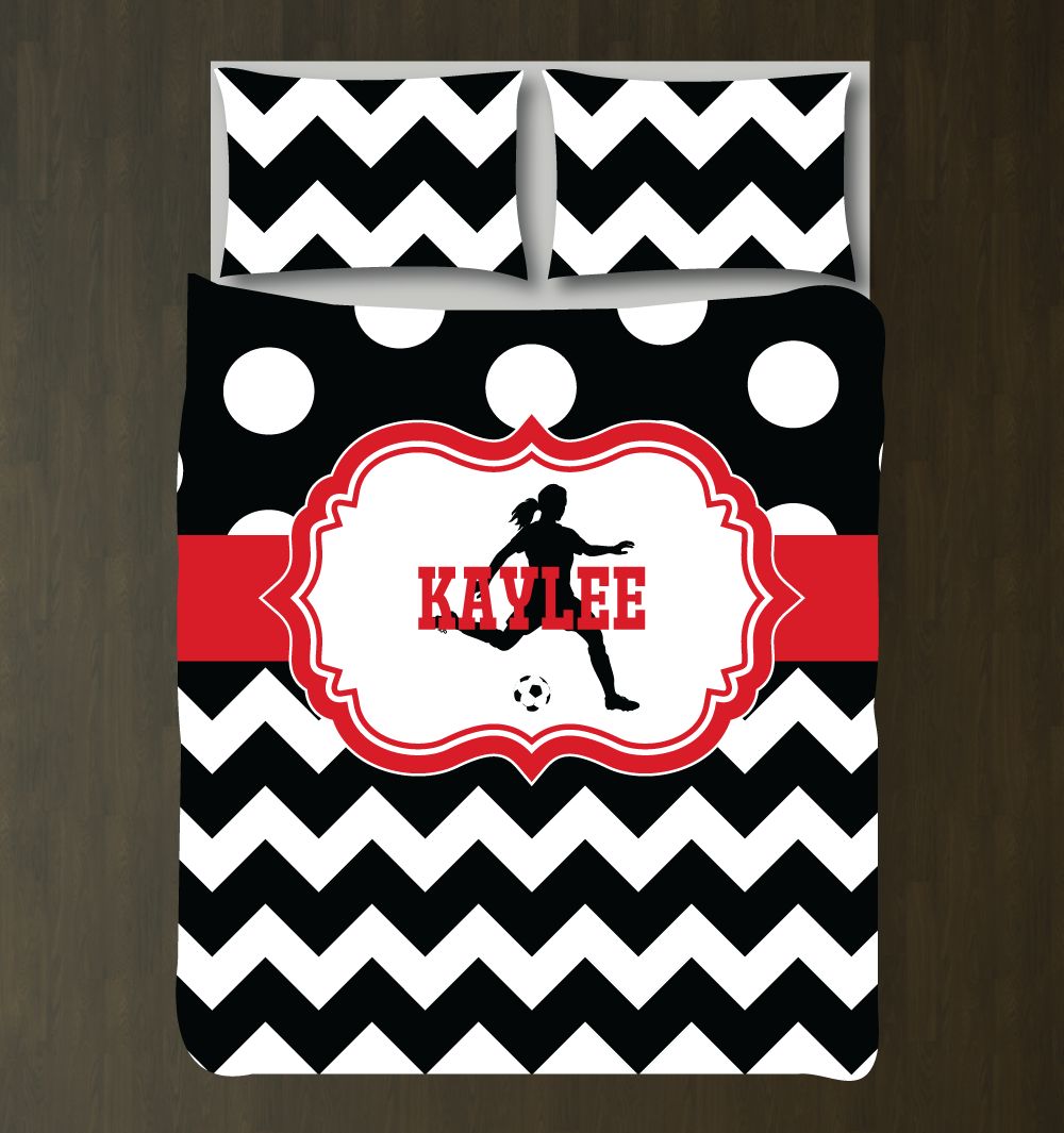 Customoccer For Girls Andhams For Teens Occer Playerilhouette Chevrontripes (Zig Zag) And Polka Dots White, Red, Black 3D Customized Duvet Cover Bedding Set