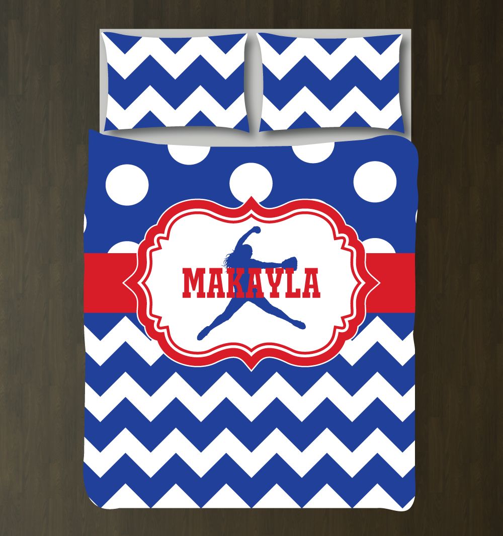 Customoftball For Girls Andhams For Teens Pitcherilhouette Chevrontripes (Zig Zag) And Polka Dots White, Red And Royal Blue 3D Customized Duvet Cover Bedding Set