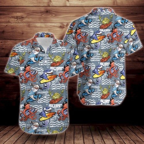 Cute Cartoon Sea Fish Pattern Print Design Hawaiian Shirt