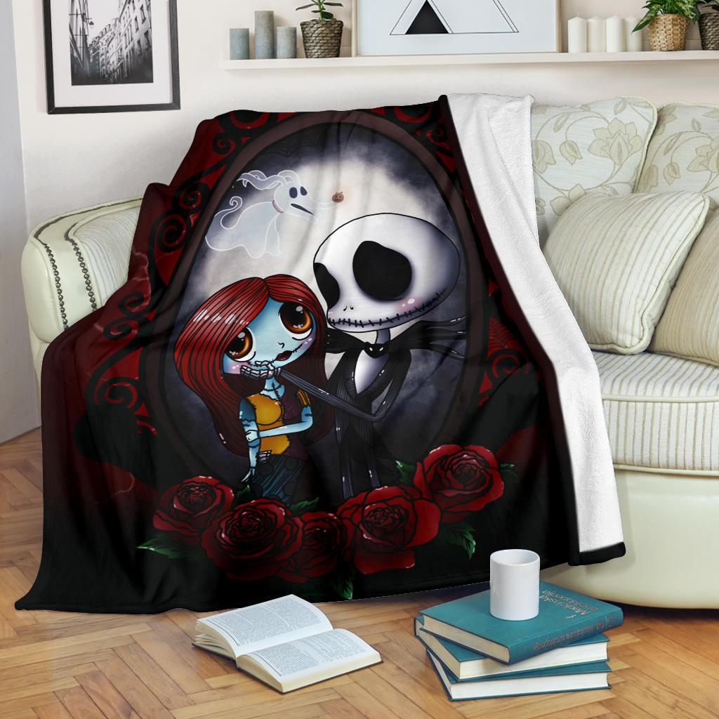 Cute Jack Skellington And Sally Sherpa Blanket Cozy Blanket Fleece Blanket
