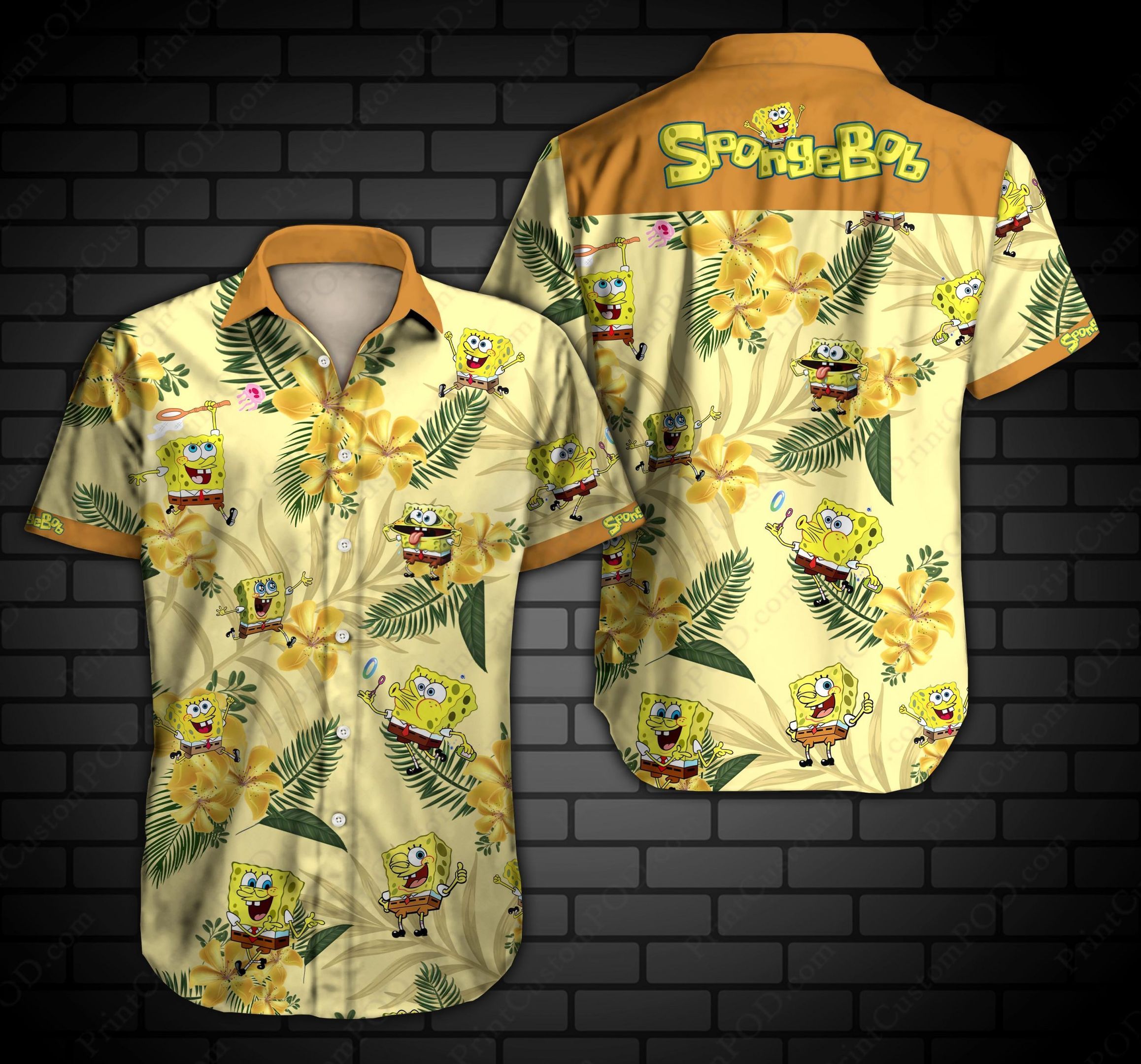 Cute Spongebob Squarepants Tropical Pattern Yellow Hawaii Shirt