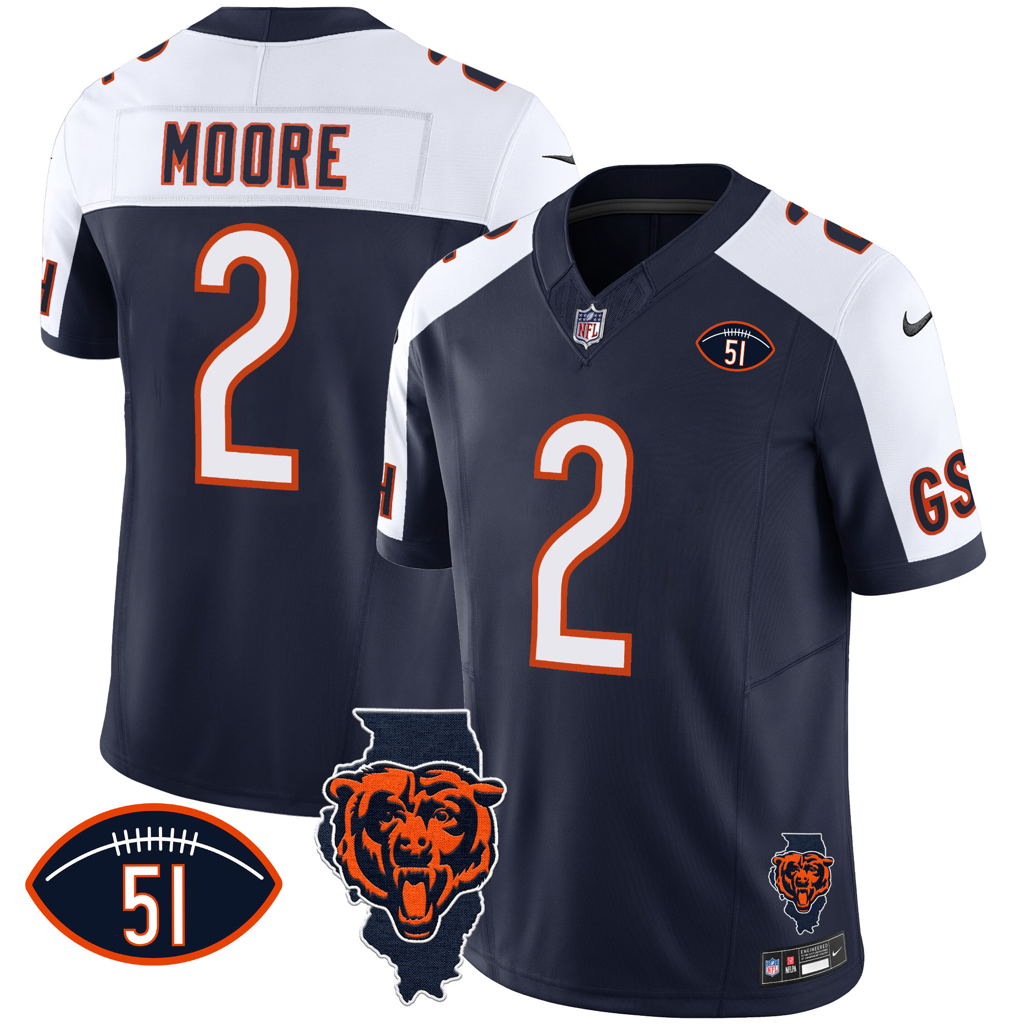 D.J. Moore Men's Chicago Bears Illinois Patch Vapor Alternate Jersey - All Stitched 