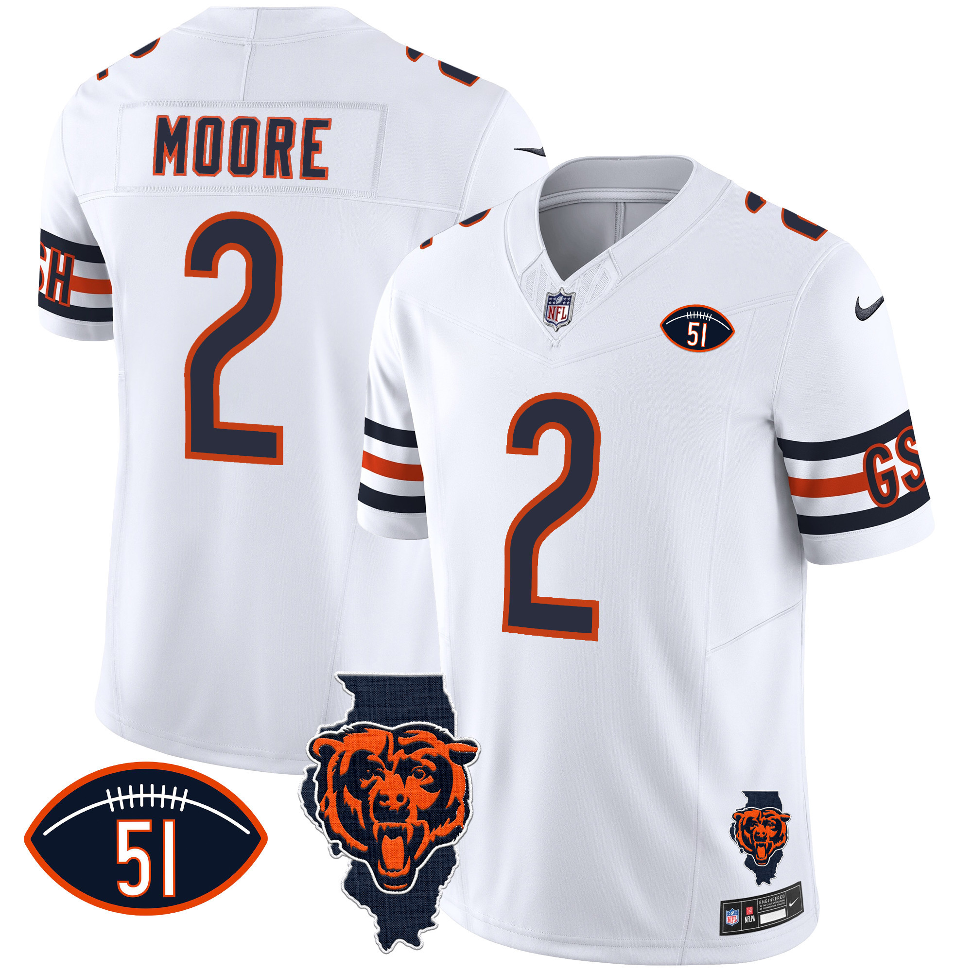 D.J. Moore Men's Chicago Bears Illinois Patch Vapor White Jersey - All Stitched 