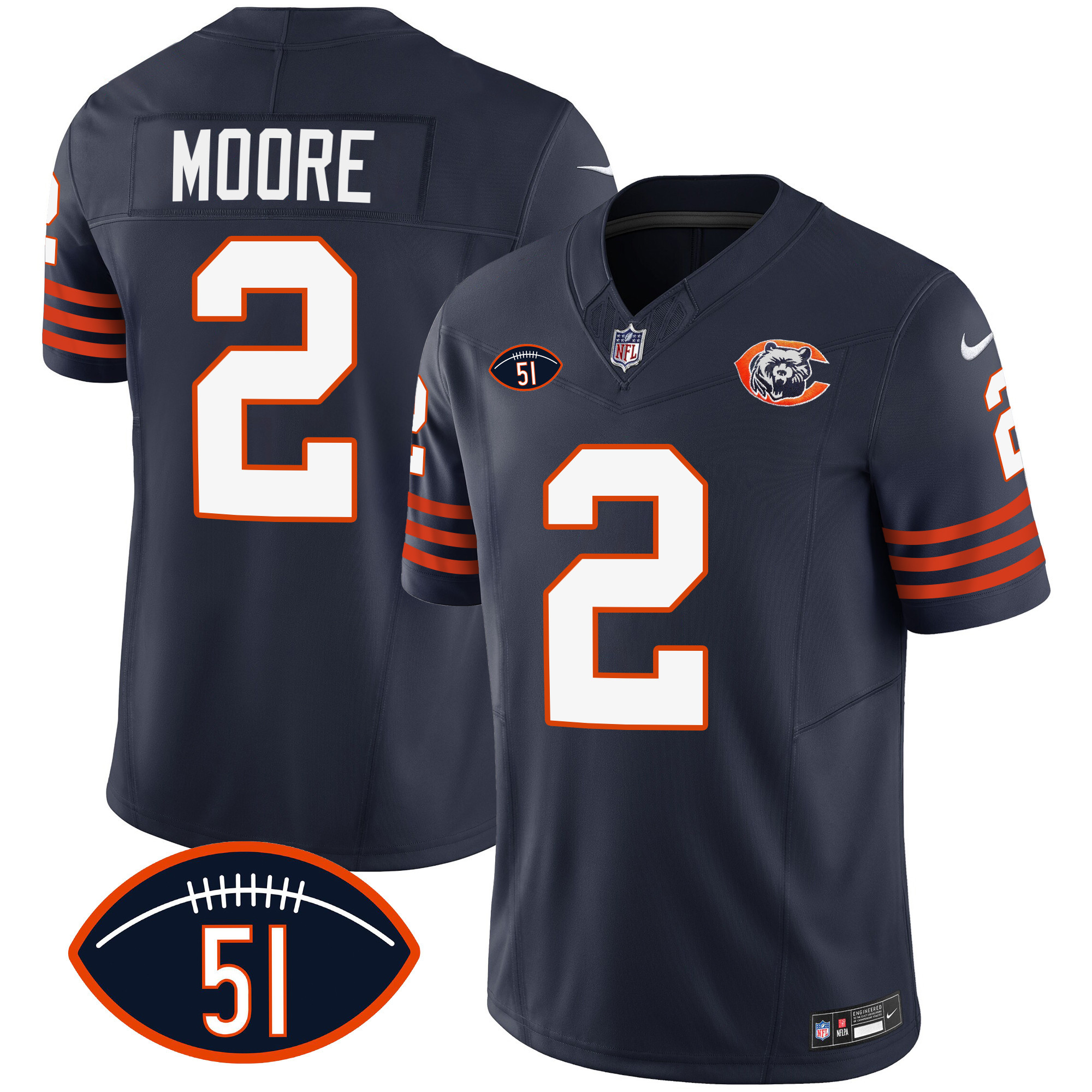 D.J. Moore Men's Chicago Bears Throwback Dick Butkus Patch Navy Jersey - All Stitched 