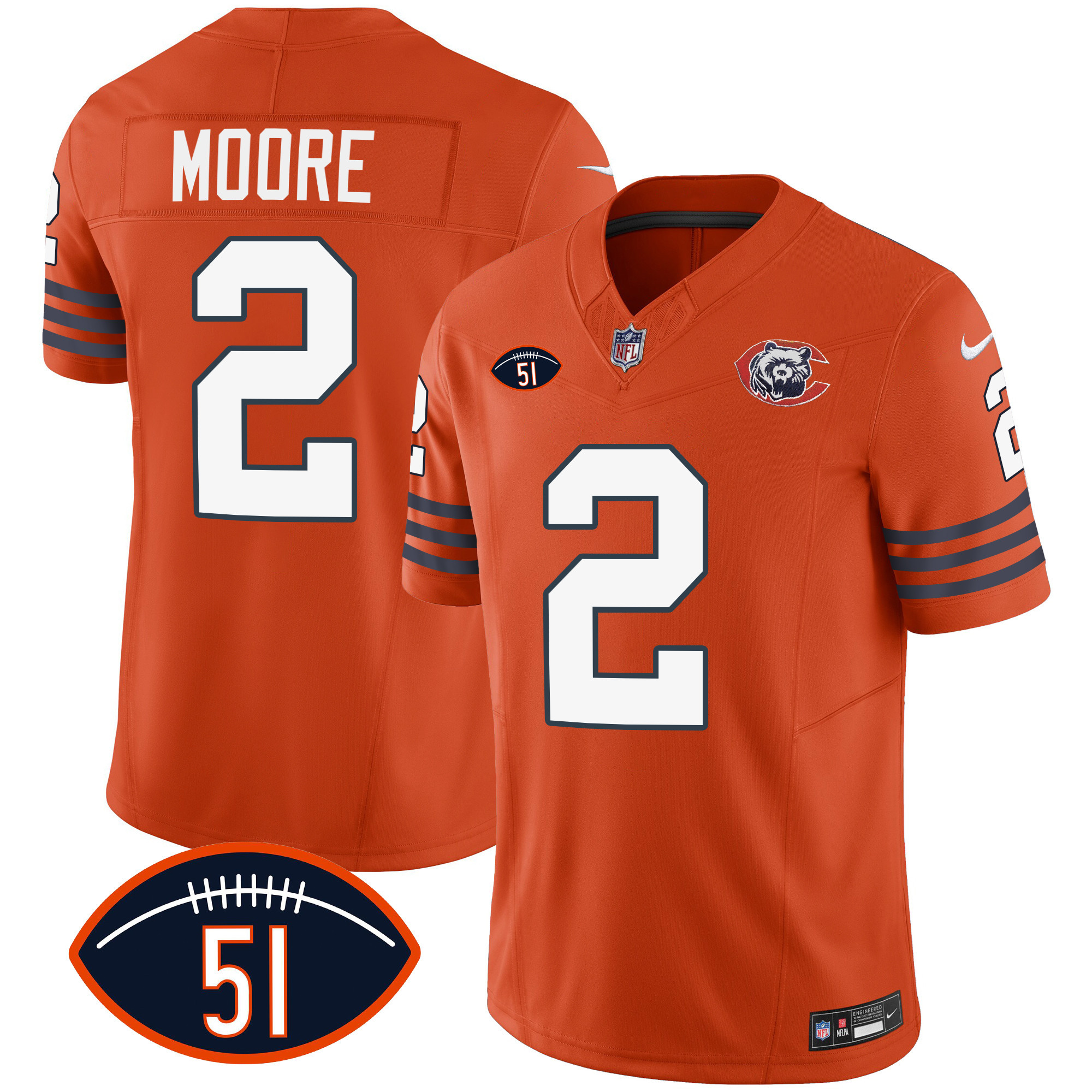 D.J. Moore Men's Chicago Bears Throwback Dick Butkus Patch Orange Jersey - All Stitched 