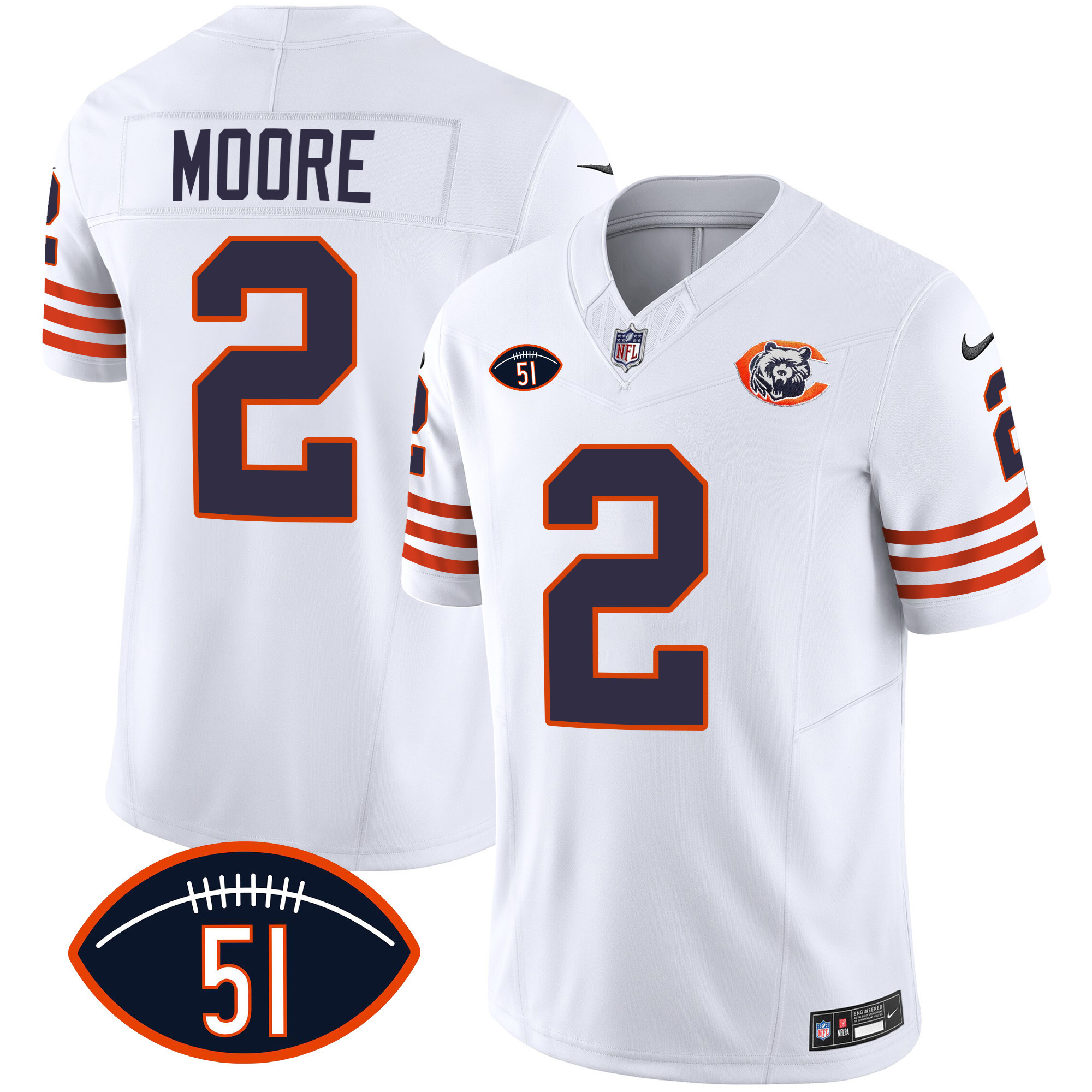 D.J. Moore Men's Chicago Bears Throwback Dick Butkus Patch White Jersey - All Stitched 