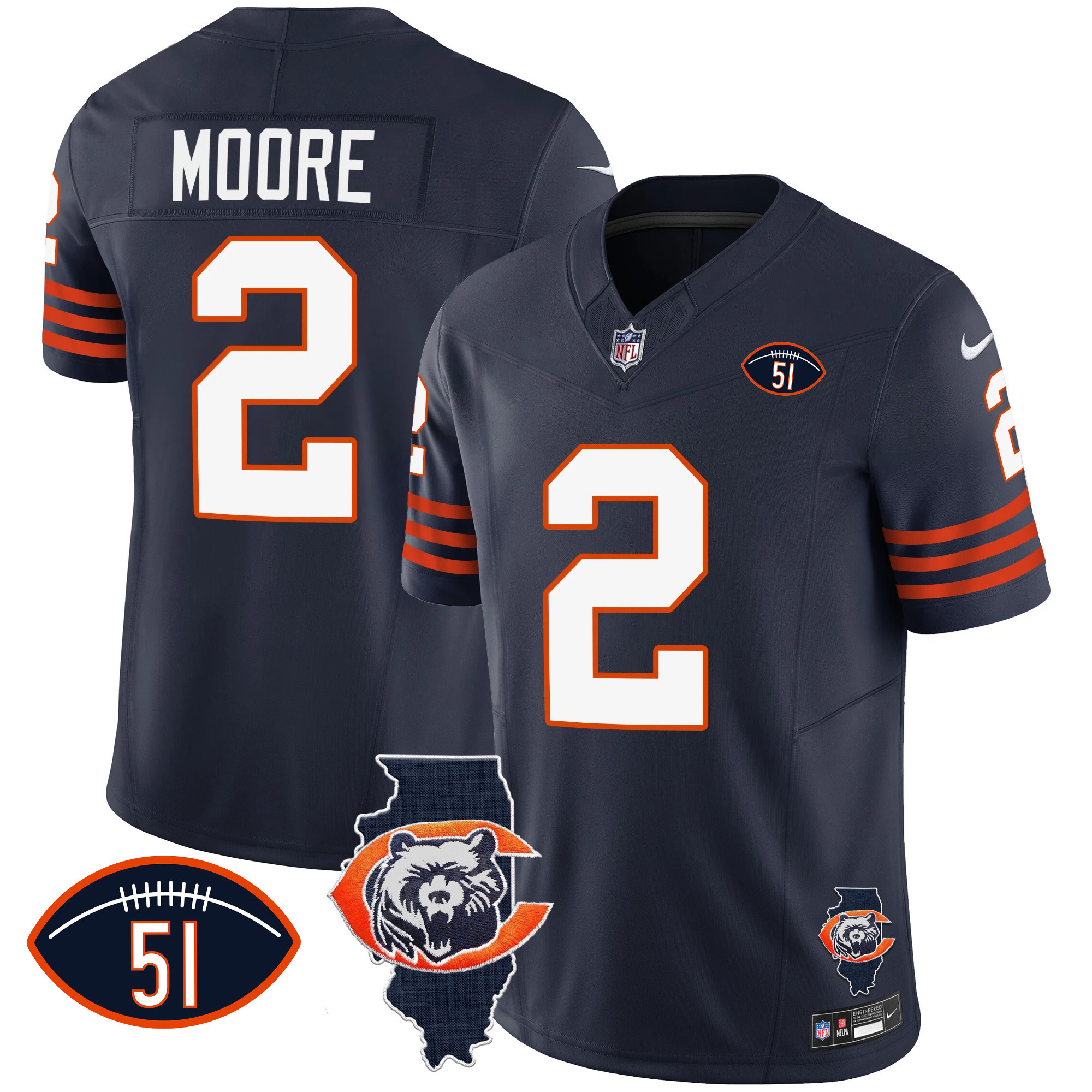 D.J. Moore Men's Chicago Bears Throwback Illinois Patch Vapor Navy Jersey - All Stitched 
