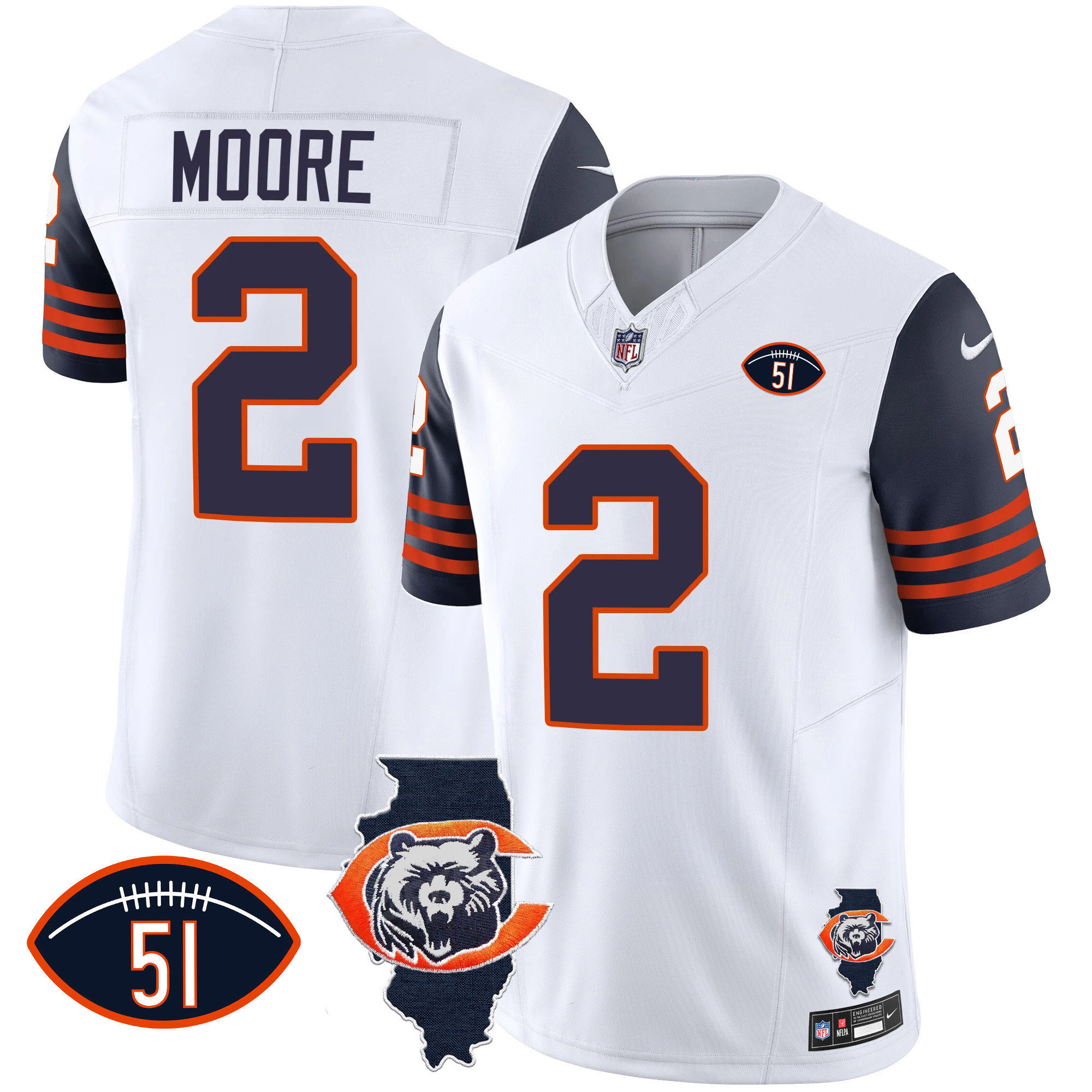 D.J. Moore Men's Chicago Bears Throwback Illinois Patch Vapor Navy Sleeves Jersey - All Stitched 