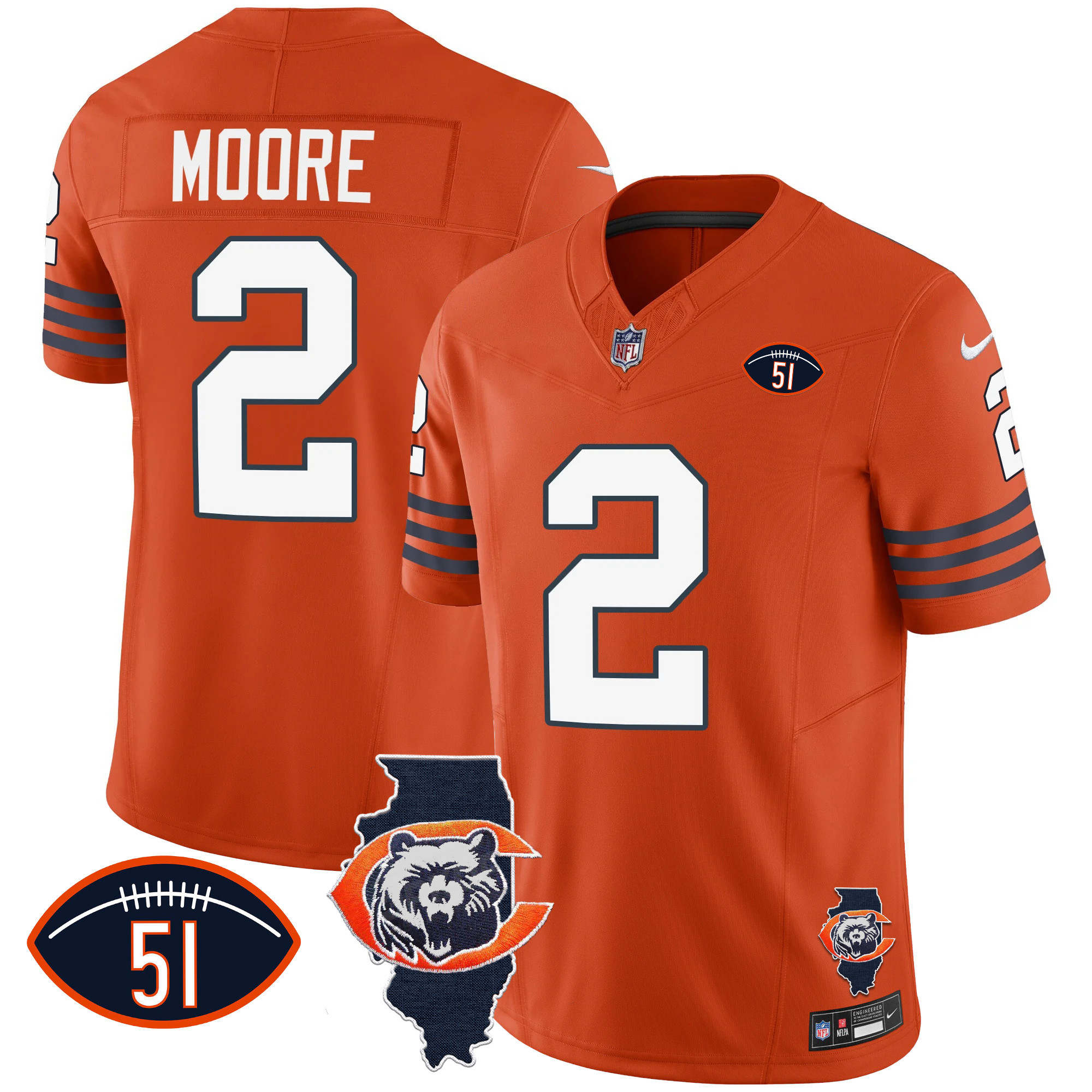 D.J. Moore Men's Chicago Bears Throwback Illinois Patch Vapor Orange Jersey - All Stitched 