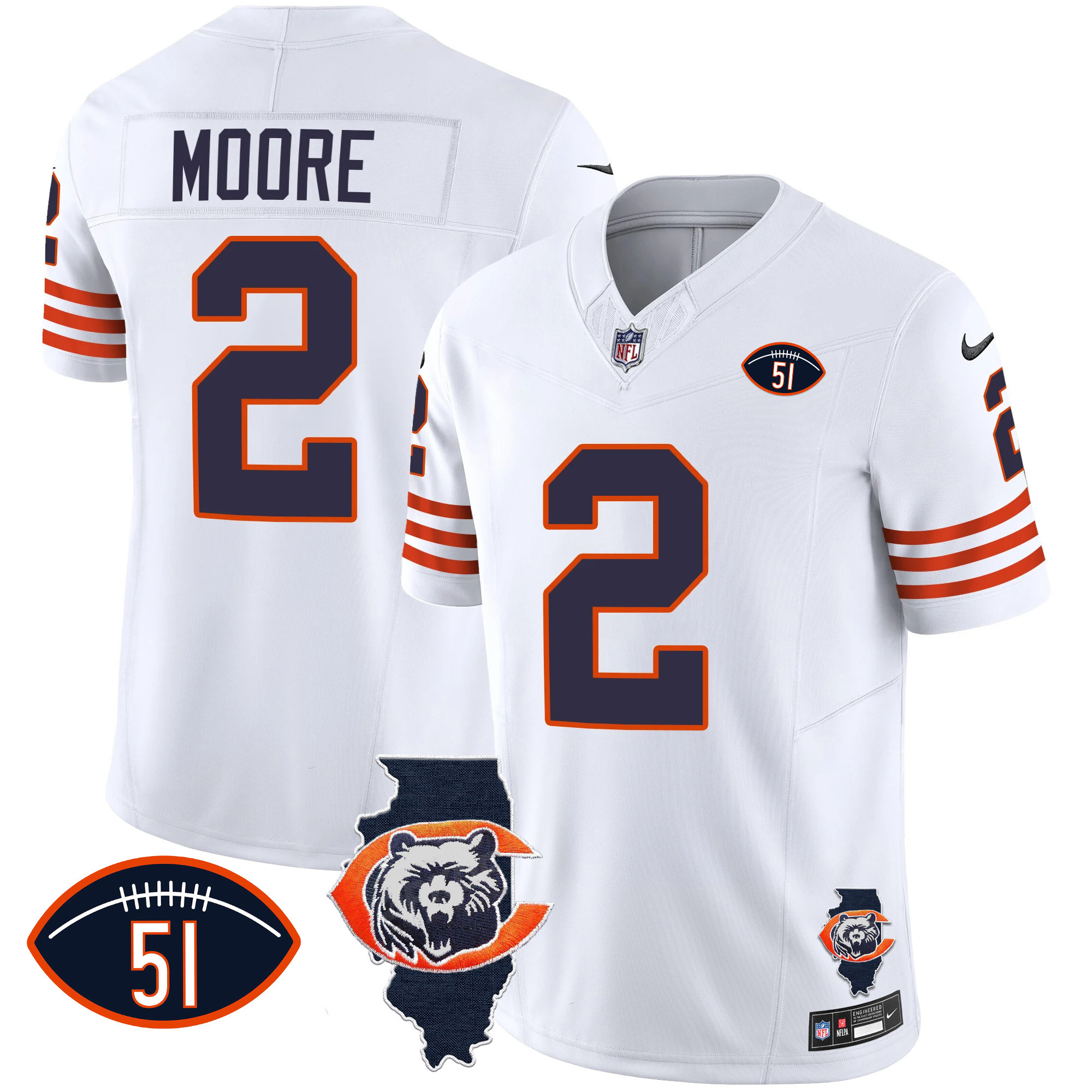 D.J. Moore Men's Chicago Bears Throwback Illinois Patch Vapor White Jersey - All Stitched 