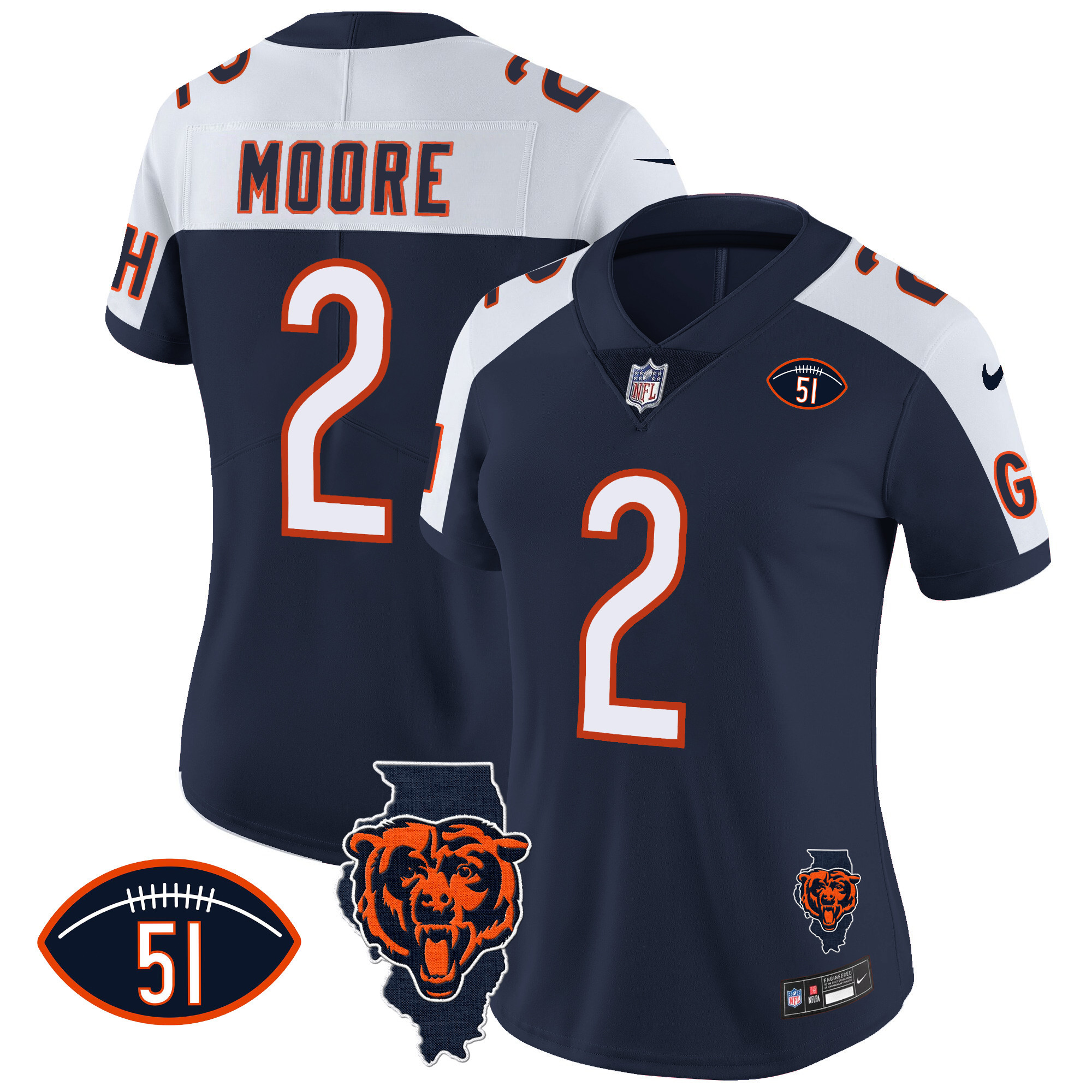 D.J. Moore Women's Chicago Bears Illinois Patch Vapor Navy Alternate Jersey - All Stitched 