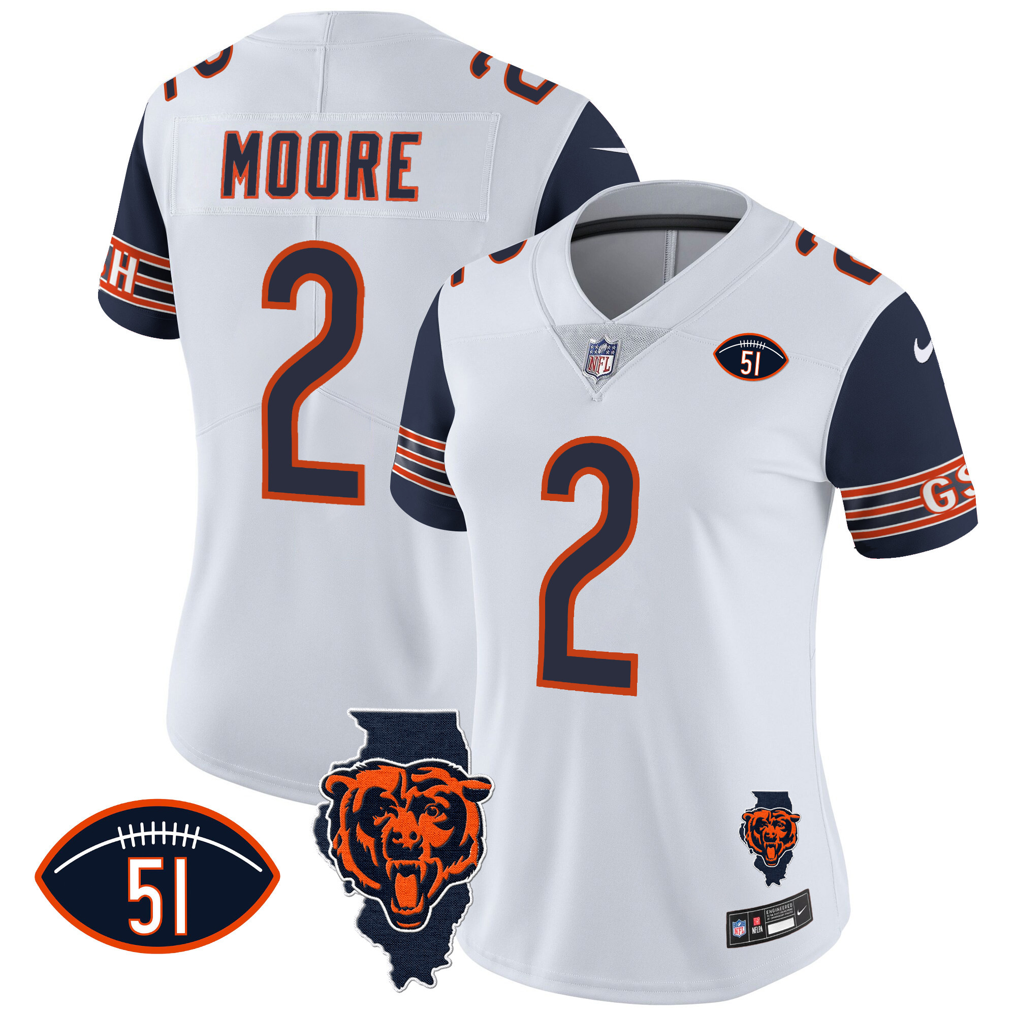 D.J. Moore Women's Chicago Bears Illinois Patch Vapor Navy Sleeves Jersey - All Stitched 
