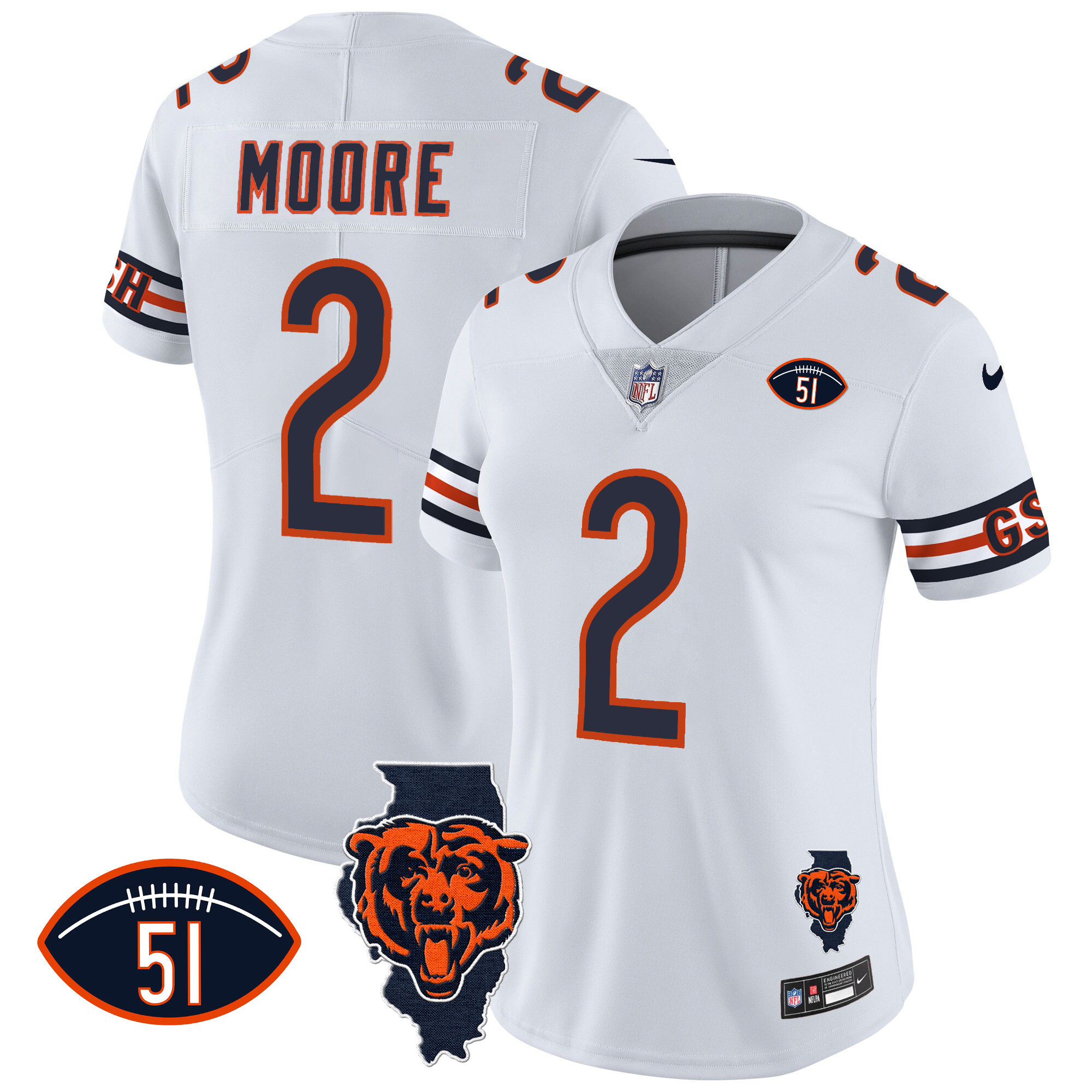 D.J. Moore Women's Chicago Bears Illinois Patch Vapor White Jersey - All Stitched 