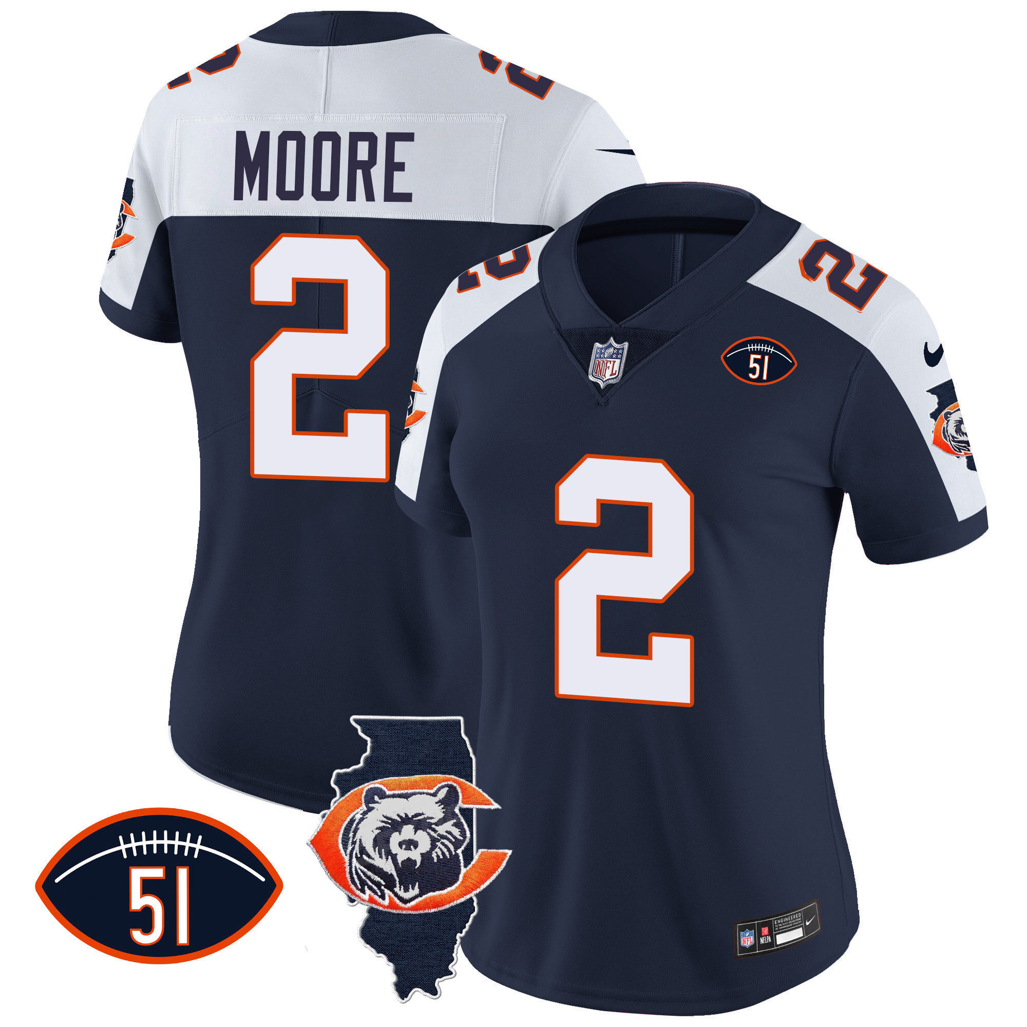 D.J. Moore Women's Chicago Bears Throwback Illinois Patch Vapor Navy Alternate Jersey - All Stitched 