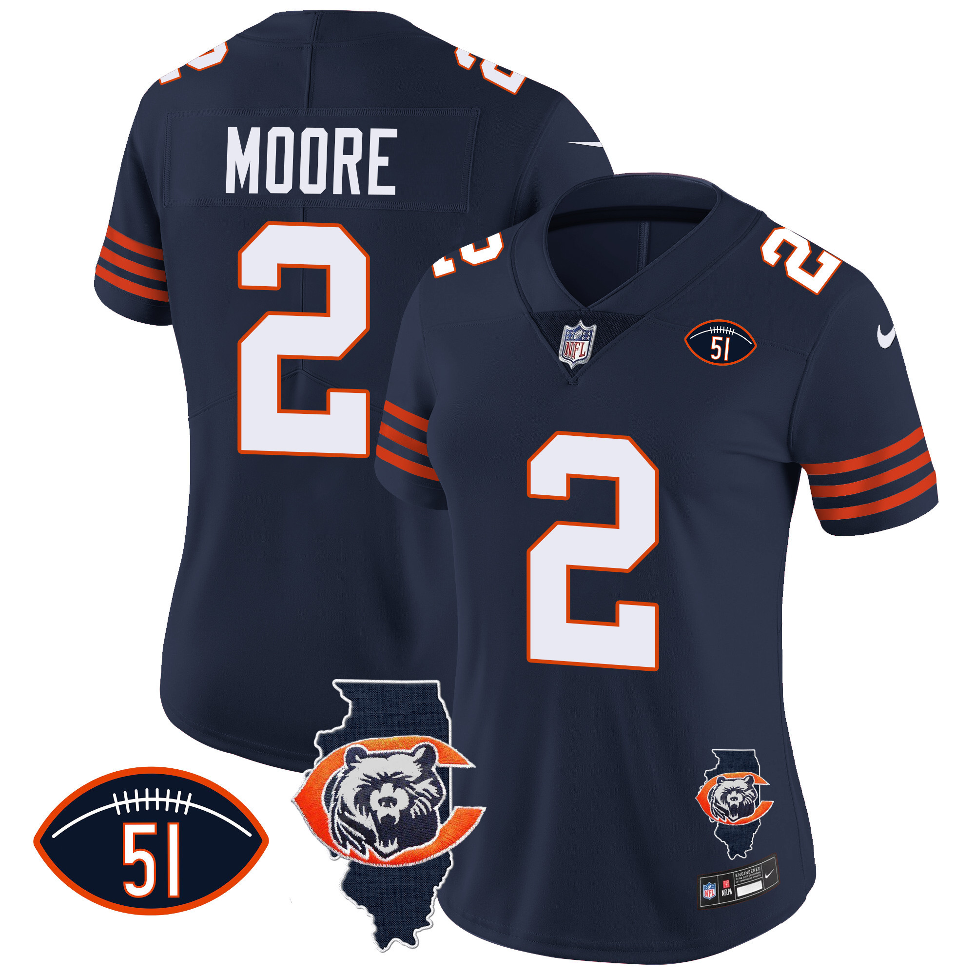 D.J. Moore Women's Chicago Bears Throwback Illinois Patch Vapor Navy Jersey - All Stitched 