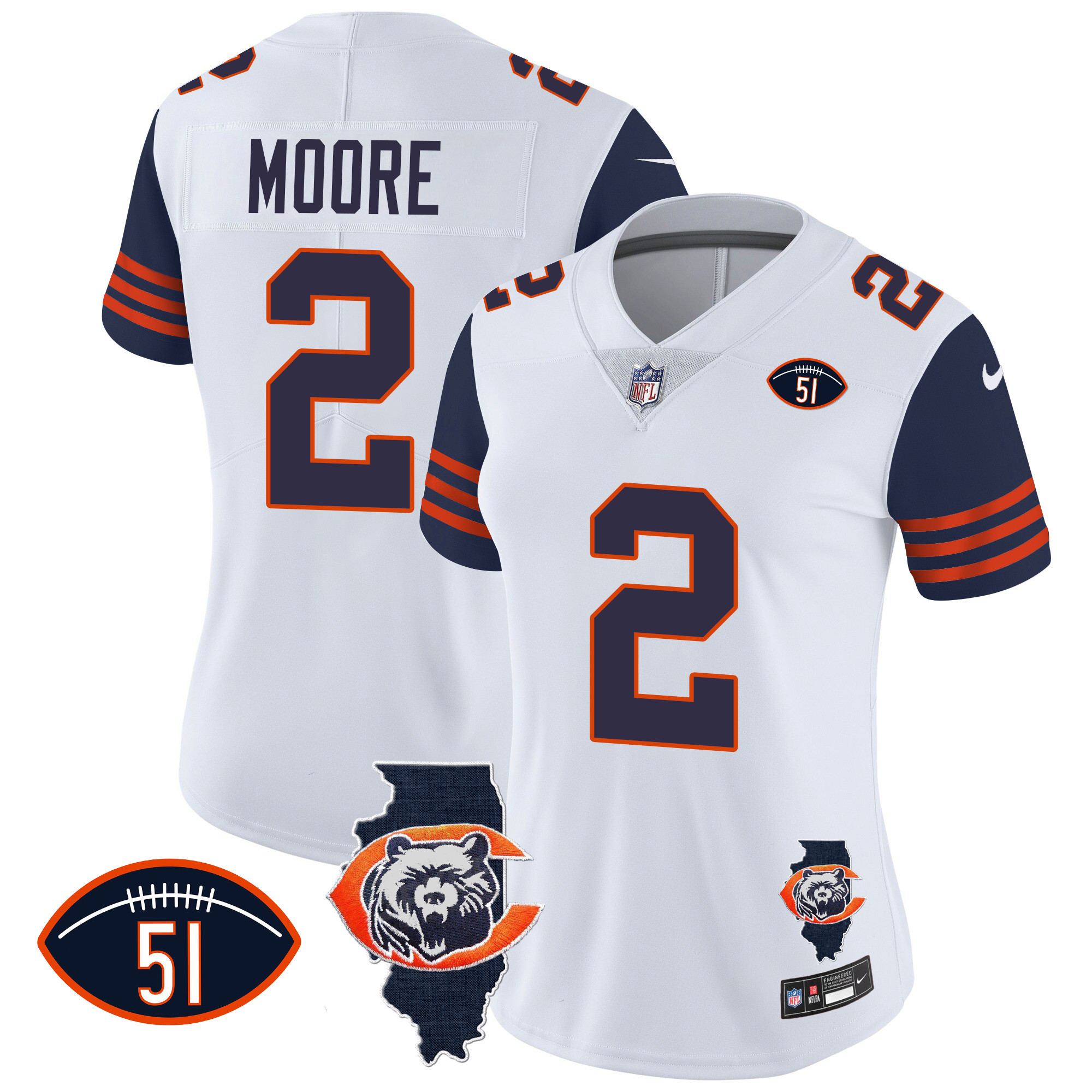D.J. Moore Women's Chicago Bears Throwback Illinois Patch Vapor Navy Sleeves Jersey - All Stitched 