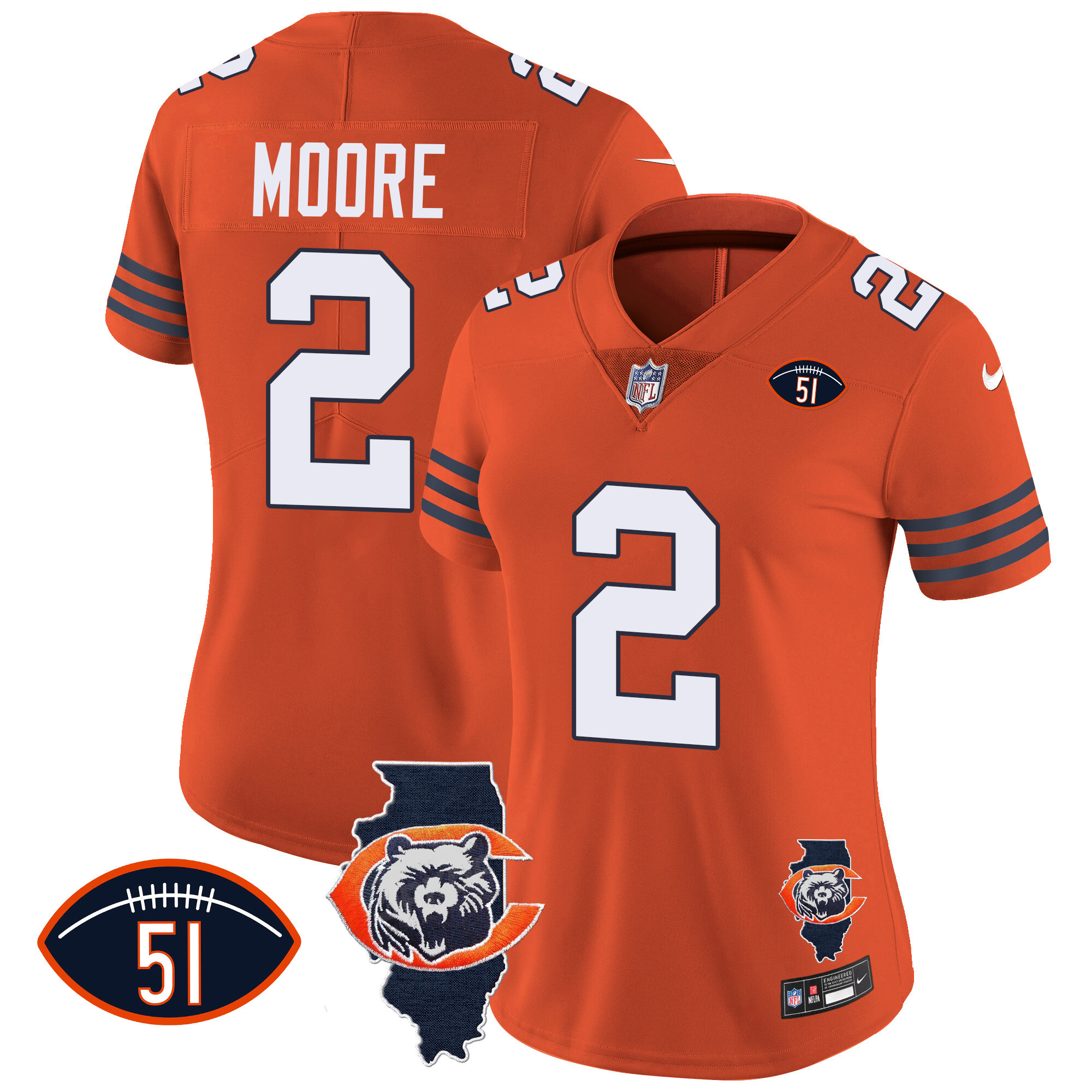 D.J. Moore Women's Chicago Bears Throwback Illinois Patch Vapor Orange Jersey - All Stitched 