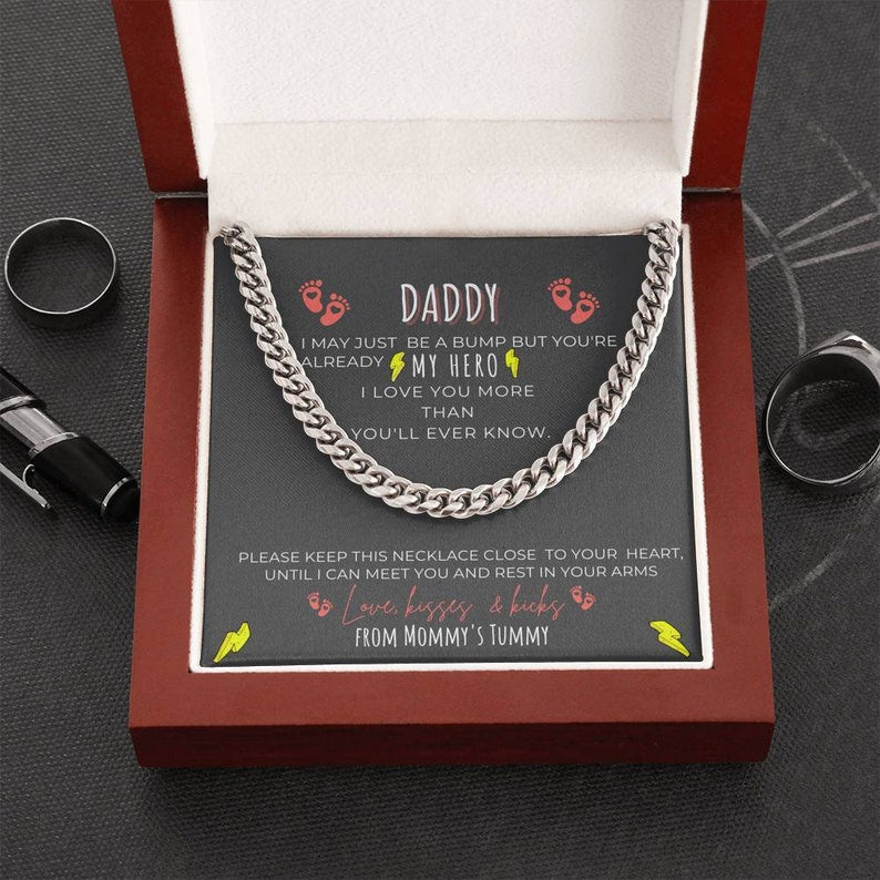 Daddy Necklace Gift Fathers Day Necklace Gift New Dad Cuban Link Chain – I may just be a bump but you’re already My Hero I love you