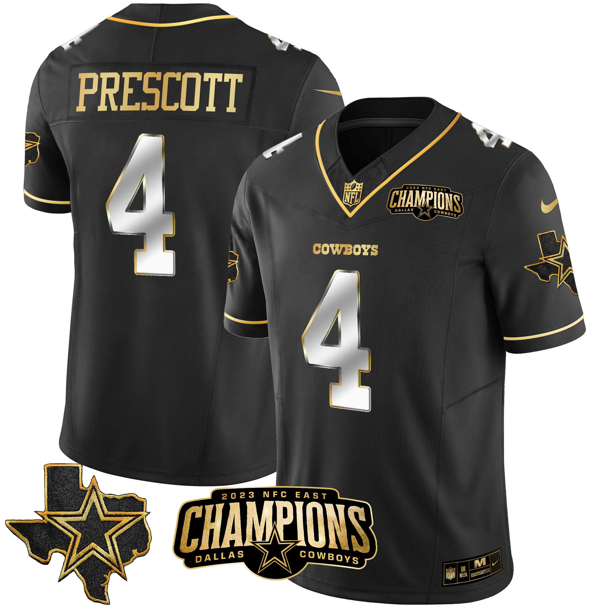 Dak Prescott Men's Dallas Cowboys 2023 NFC East Champions Patch Gold Vapor Black Limited Jersey - All Stitched 